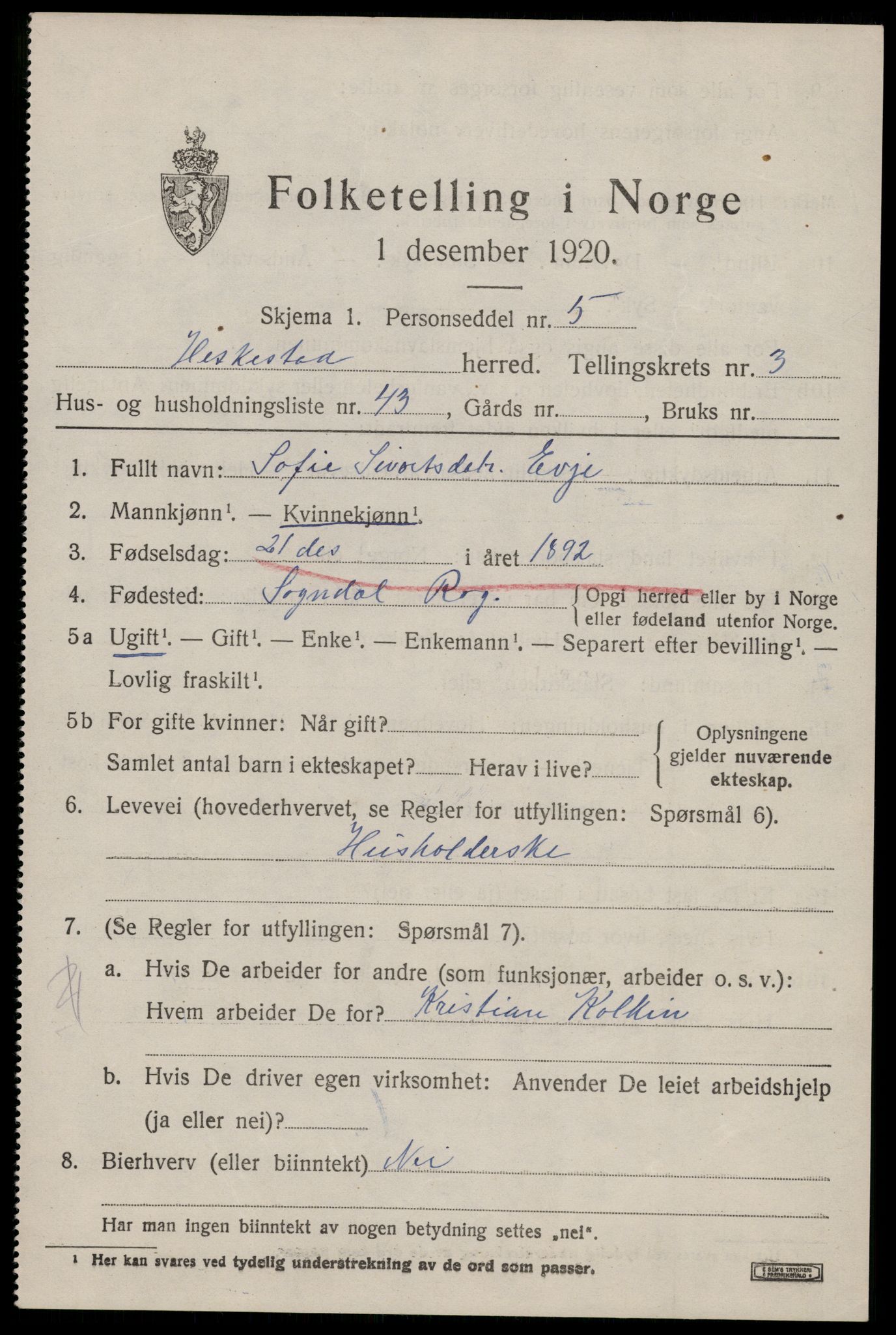 SAST, Folketelling 1920 for 1113 Heskestad herred, 1920, s. 1415