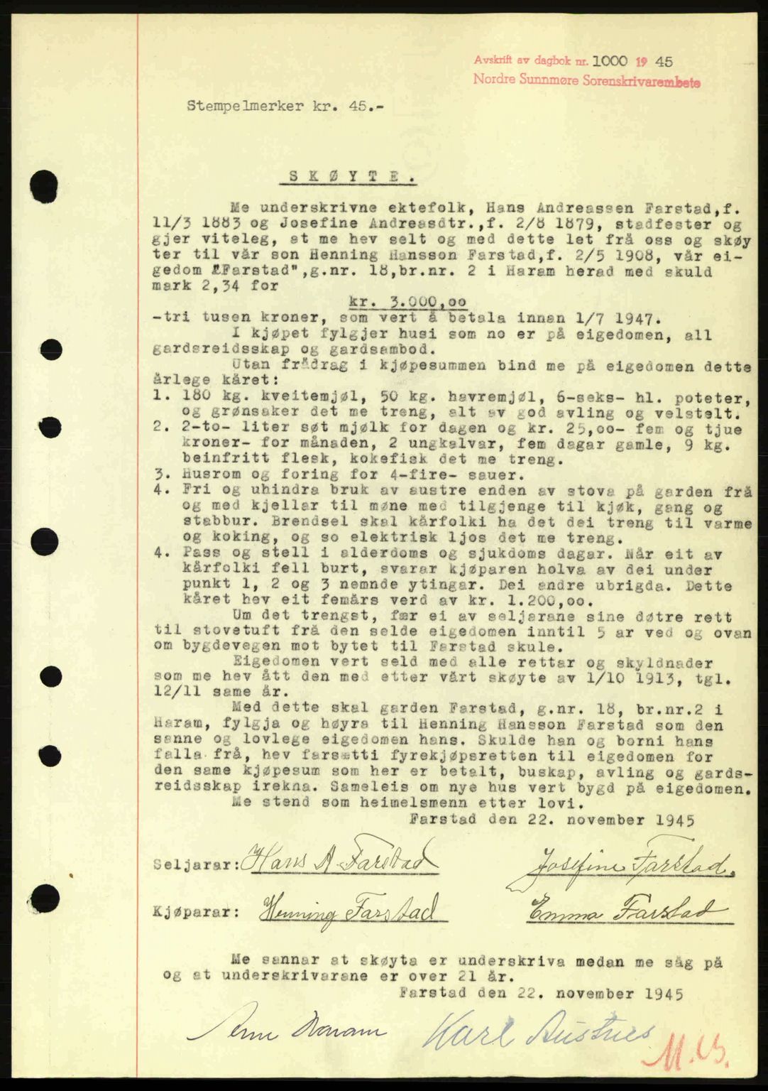 Nordre Sunnmøre sorenskriveri, AV/SAT-A-0006/1/2/2C/2Ca: Pantebok nr. A20a, 1945-1945, Dagboknr: 1000/1945