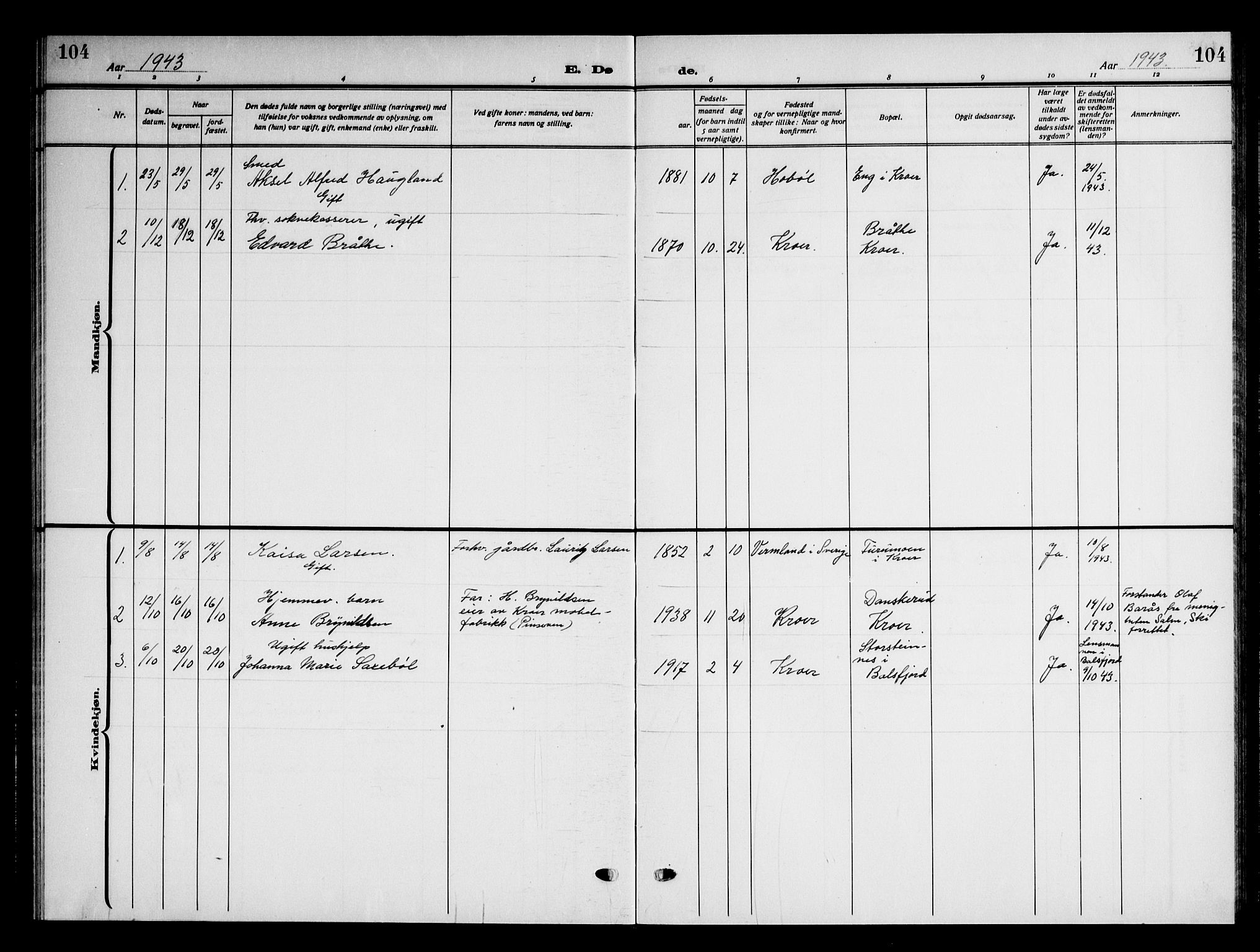 Ås prestekontor Kirkebøker, AV/SAO-A-10894/G/Gc/L0002: Klokkerbok nr. III 2, 1925-1951, s. 104