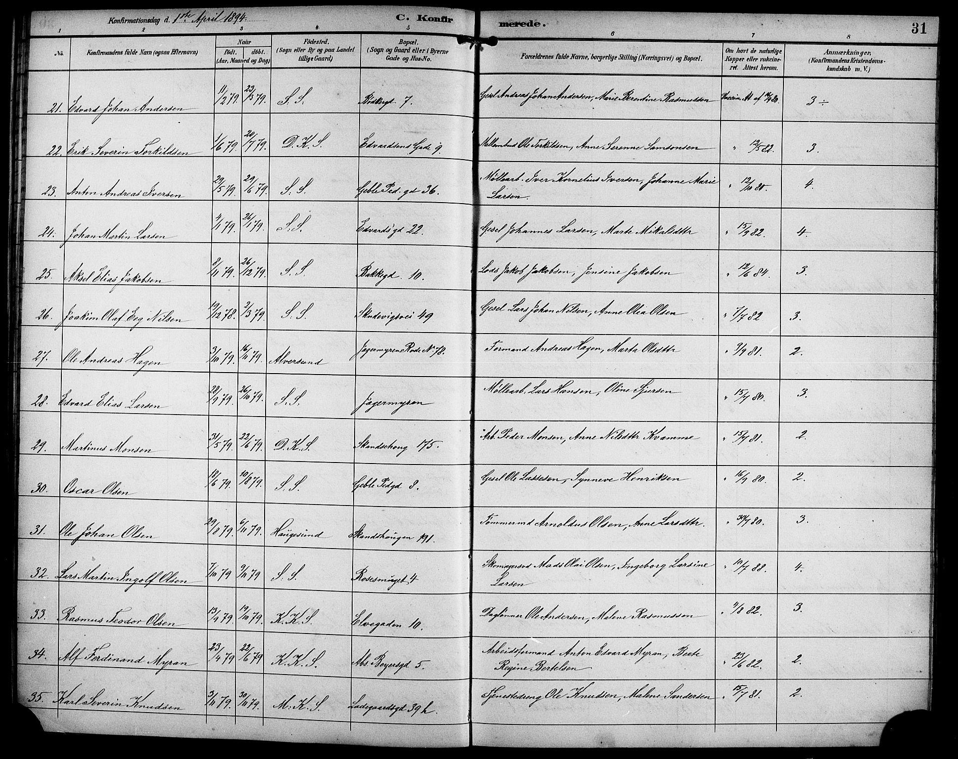 Sandviken Sokneprestembete, AV/SAB-A-77601/H/Hb/L0003: Klokkerbok nr. A 4, 1892-1901, s. 31