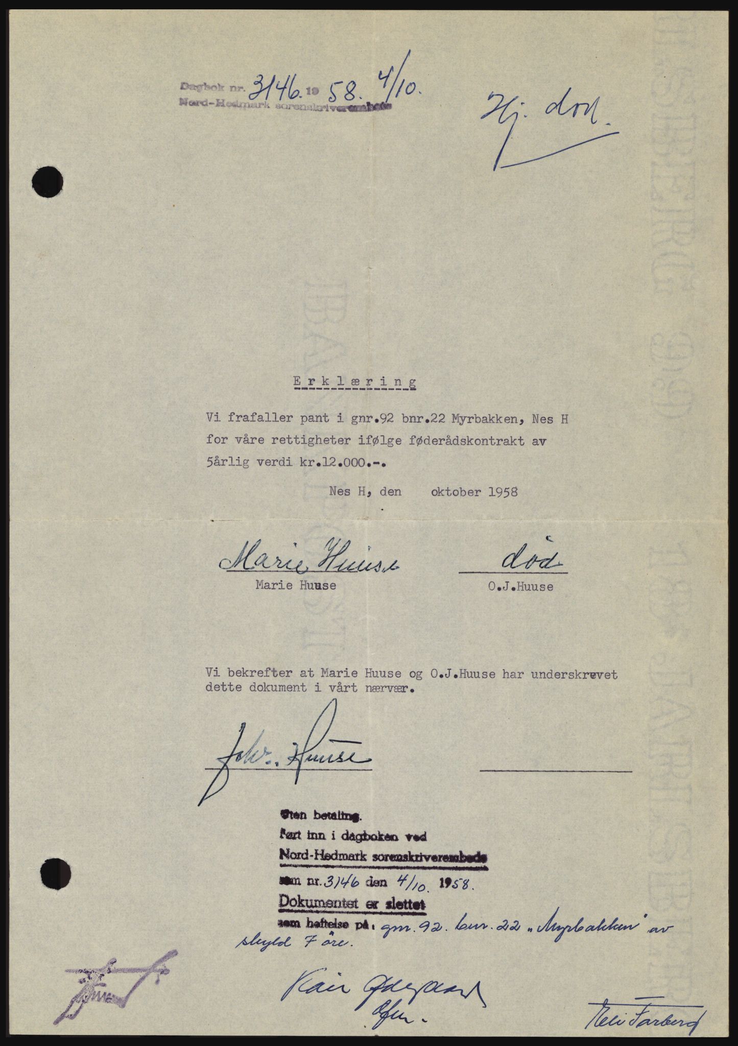 Nord-Hedmark sorenskriveri, SAH/TING-012/H/Hc/L0012: Pantebok nr. 12, 1957-1958, Dagboknr: 3146/1958