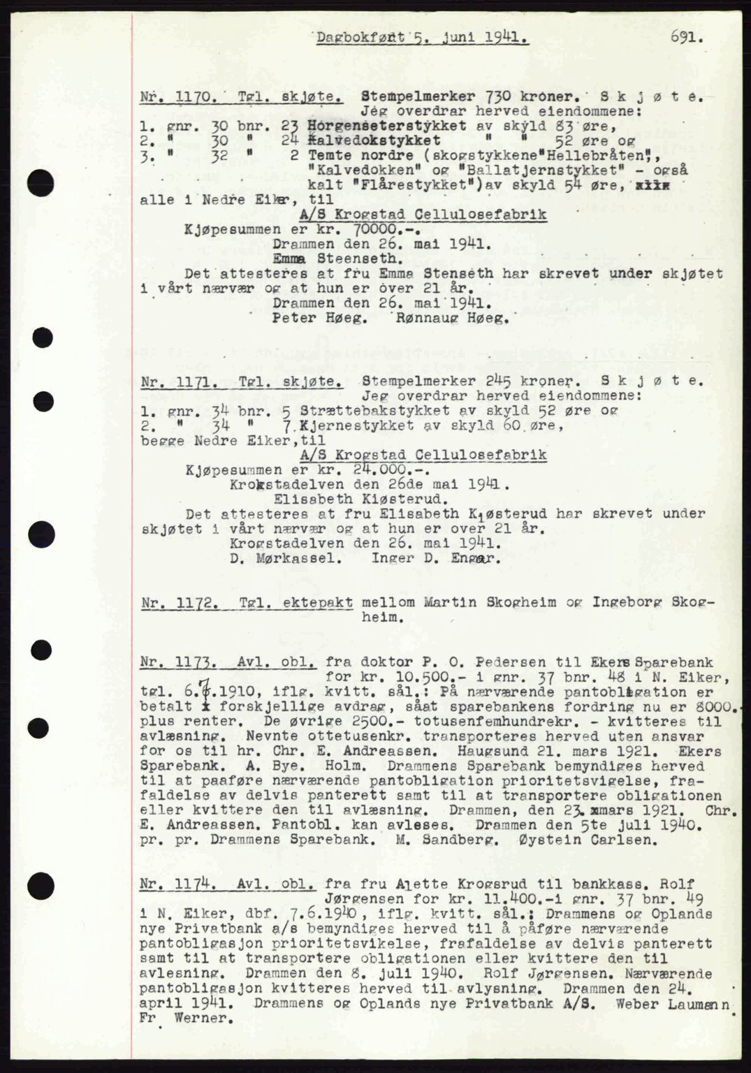 Eiker, Modum og Sigdal sorenskriveri, SAKO/A-123/G/Ga/Gab/L0043: Pantebok nr. A13, 1940-1941, Dagboknr: 1170/1941