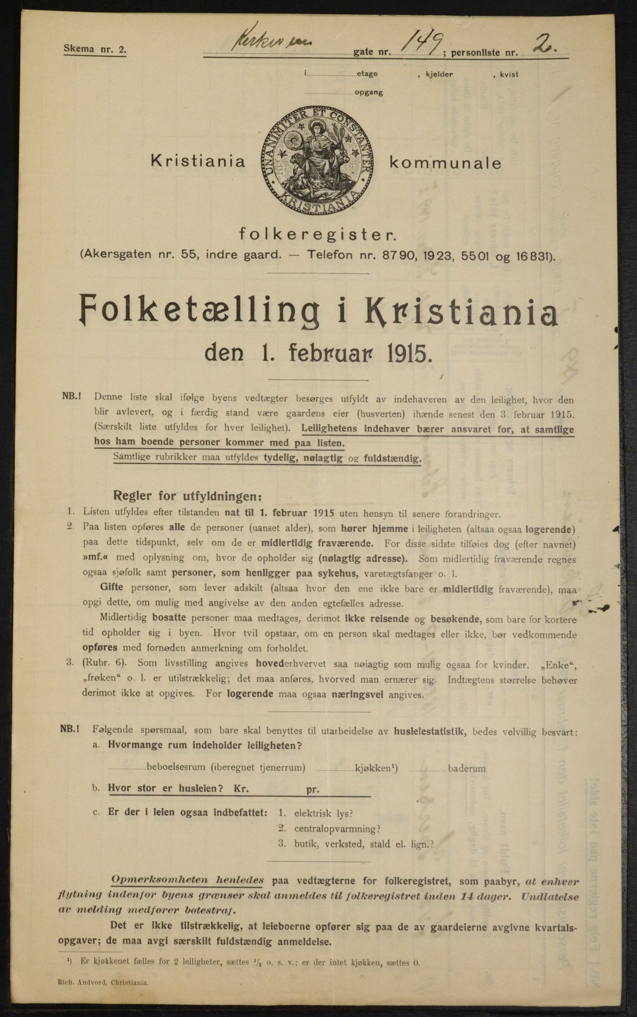 OBA, Kommunal folketelling 1.2.1915 for Kristiania, 1915, s. 51001