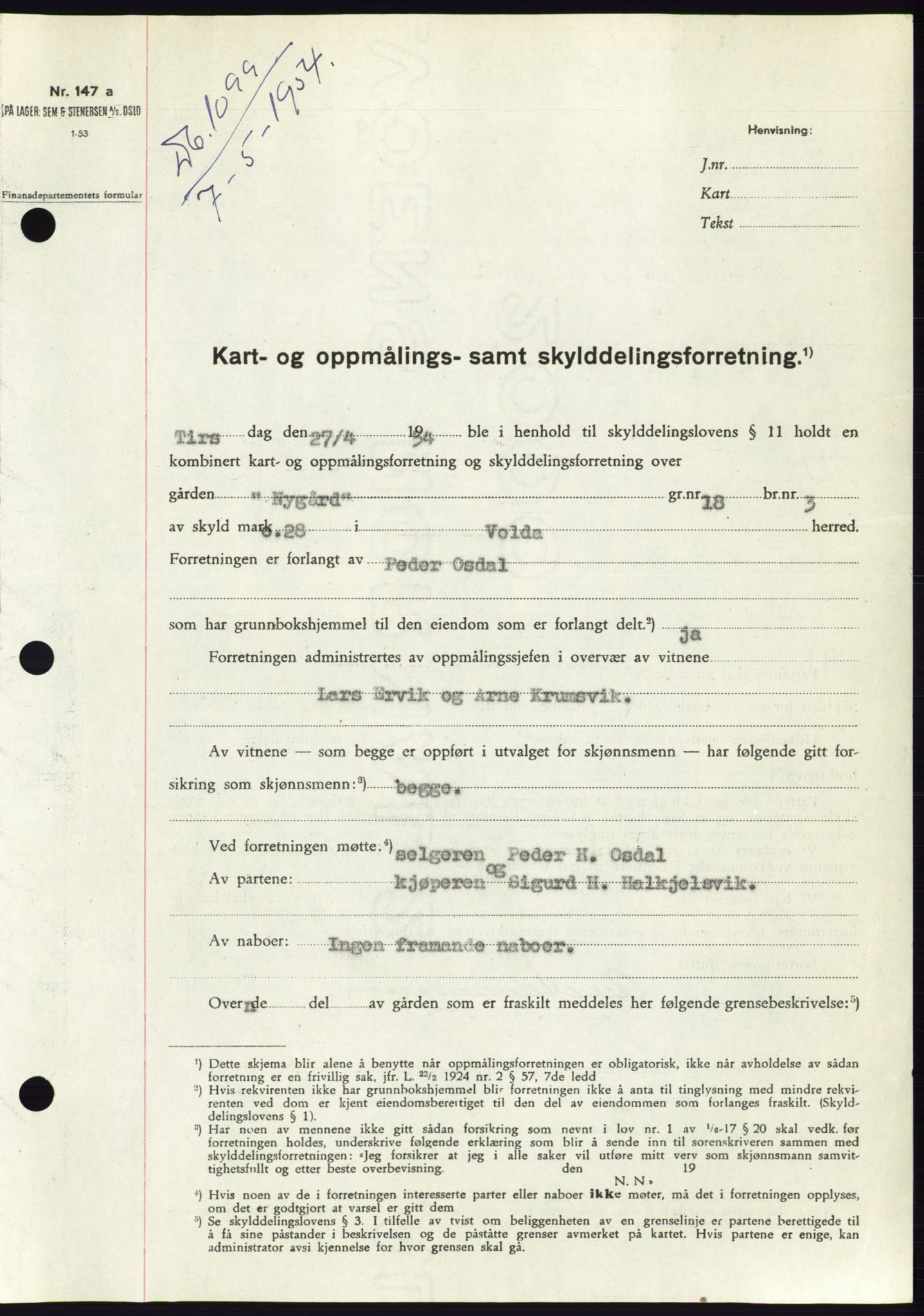 Søre Sunnmøre sorenskriveri, SAT/A-4122/1/2/2C/L0097: Pantebok nr. 23A, 1954-1954, Dagboknr: 1099/1954