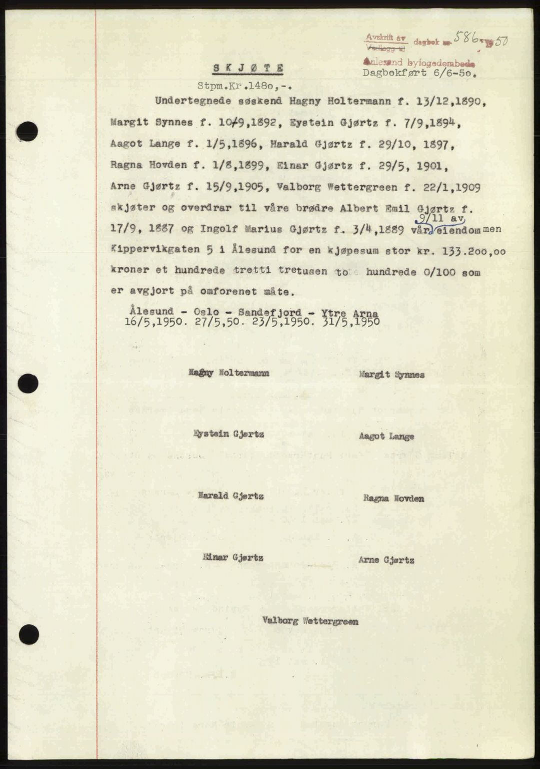 Ålesund byfogd, AV/SAT-A-4384: Pantebok nr. 37A (2), 1949-1950, Dagboknr: 586/1950