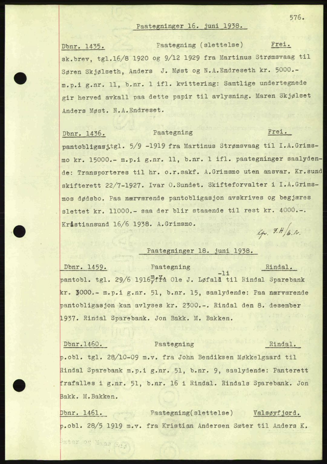 Nordmøre sorenskriveri, AV/SAT-A-4132/1/2/2Ca: Pantebok nr. C80, 1936-1939, Dagboknr: 1435/1938