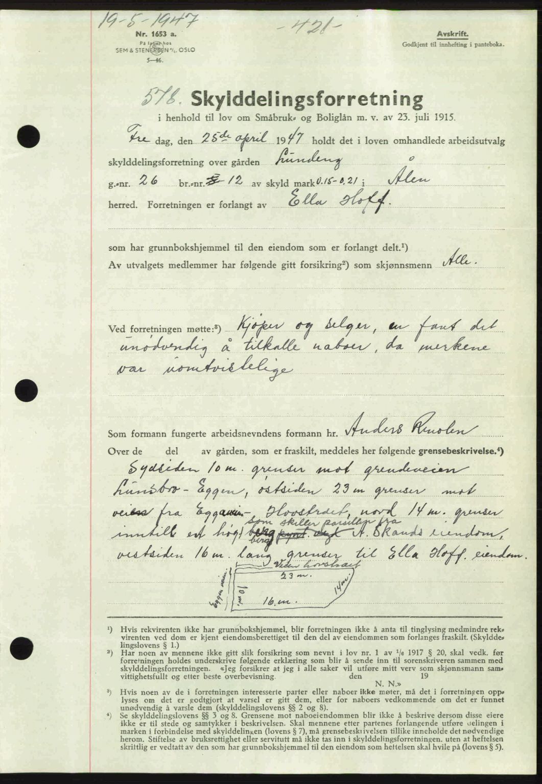 Gauldal sorenskriveri, SAT/A-0014/1/2/2C: Pantebok nr. A3, 1947-1947, Dagboknr: 578/1947