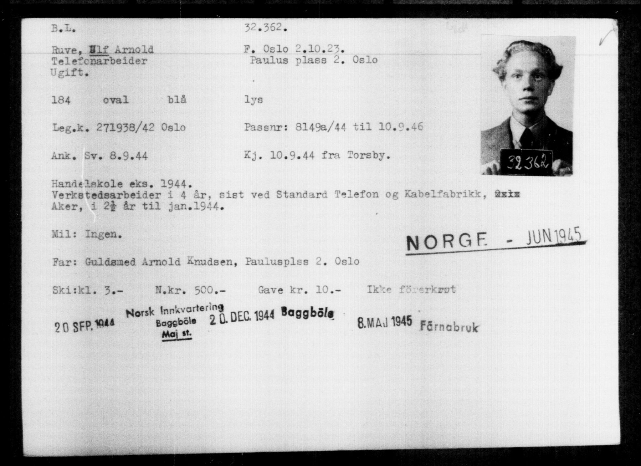 Utenriksstasjonene, Legasjonen i Stockholm, Flyktningkontoret, AV/RA-S-6753/V/Va/L0013: Kjesäterkartoteket, flyktninger med registreringsnr. 31500-34731, 1940-1945, s. 912