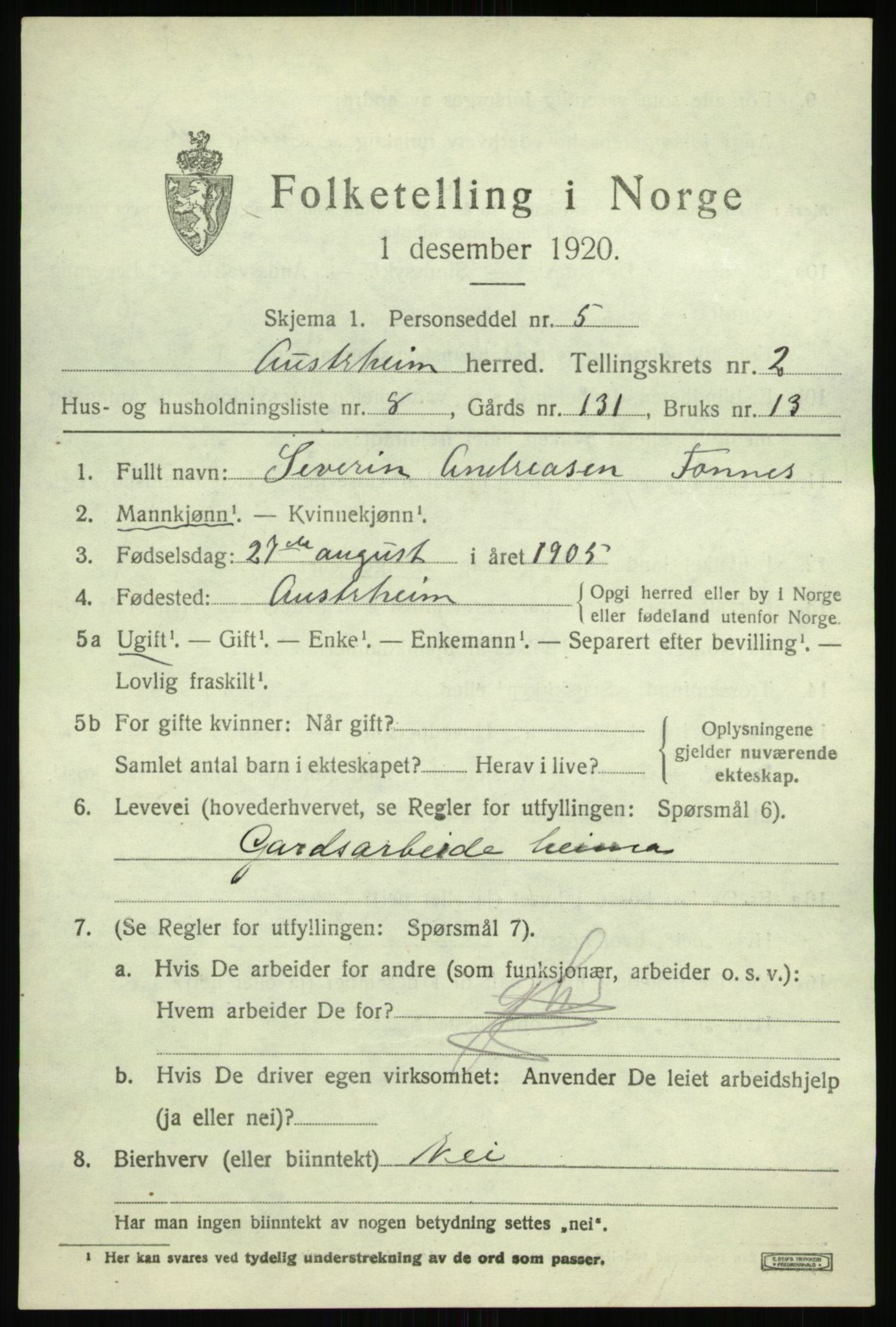 SAB, Folketelling 1920 for 1264 Austrheim herred, 1920, s. 1354