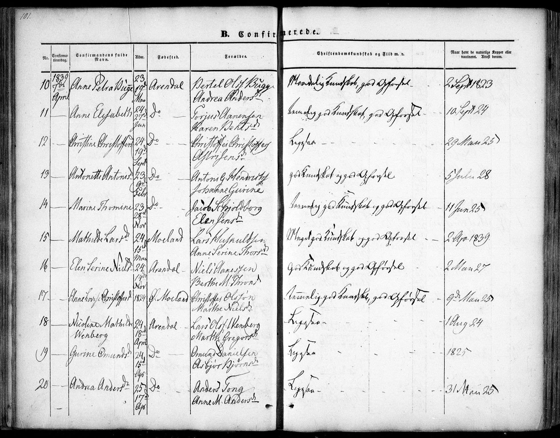 Arendal sokneprestkontor, Trefoldighet, AV/SAK-1111-0040/F/Fa/L0005: Ministerialbok nr. A 5, 1838-1854, s. 101
