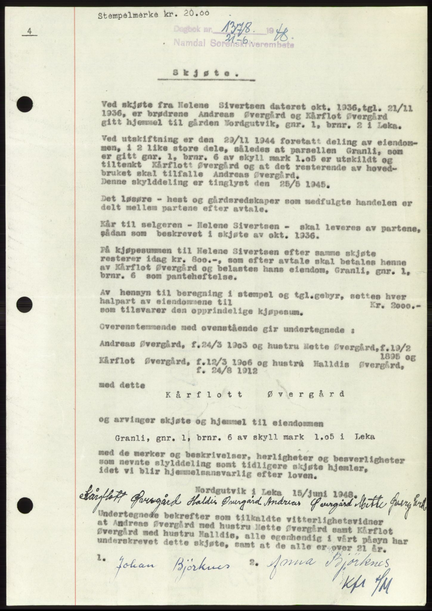 Namdal sorenskriveri, SAT/A-4133/1/2/2C: Pantebok nr. -, 1948-1948, Dagboknr: 1378/1948