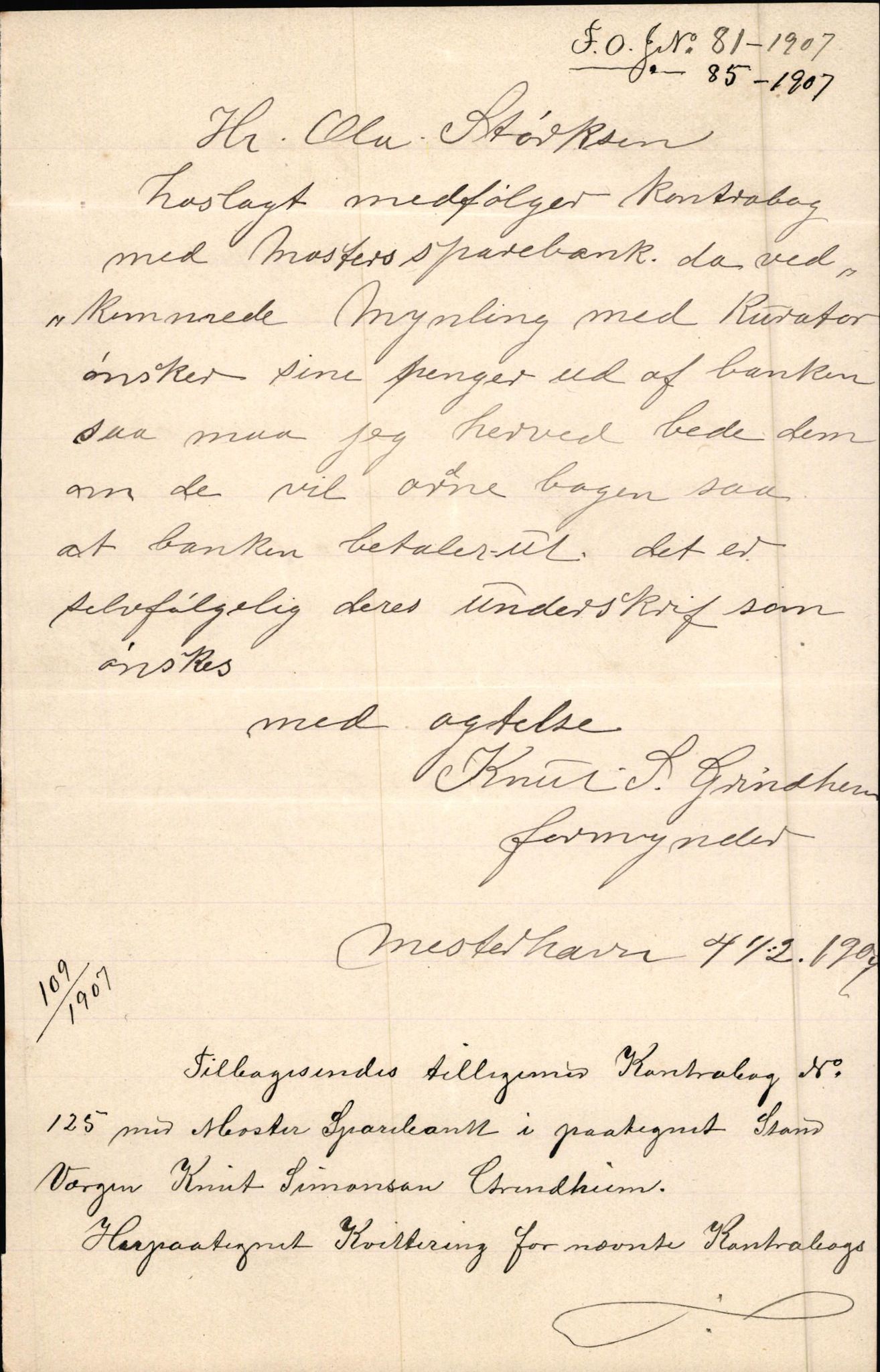 Finnaas kommune. Overformynderiet, IKAH/1218a-812/D/Da/Daa/L0002/0003: Kronologisk ordna korrespondanse / Kronologisk ordna korrespondanse, 1905-1909, s. 95