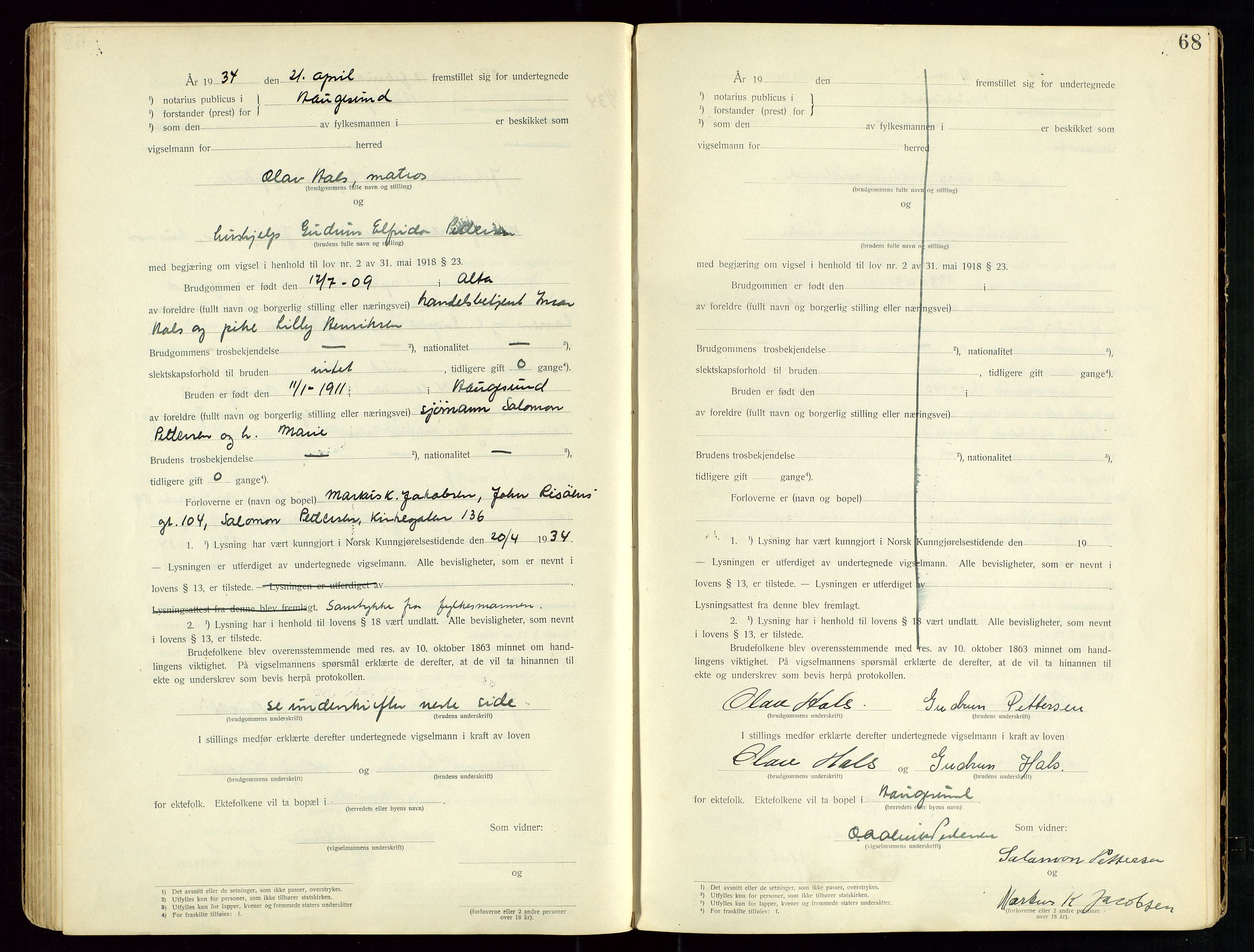 Haugesund tingrett, AV/SAST-A-101415/01/III/IIID/L0001: Vigselbok, 1920-1938, s. 68