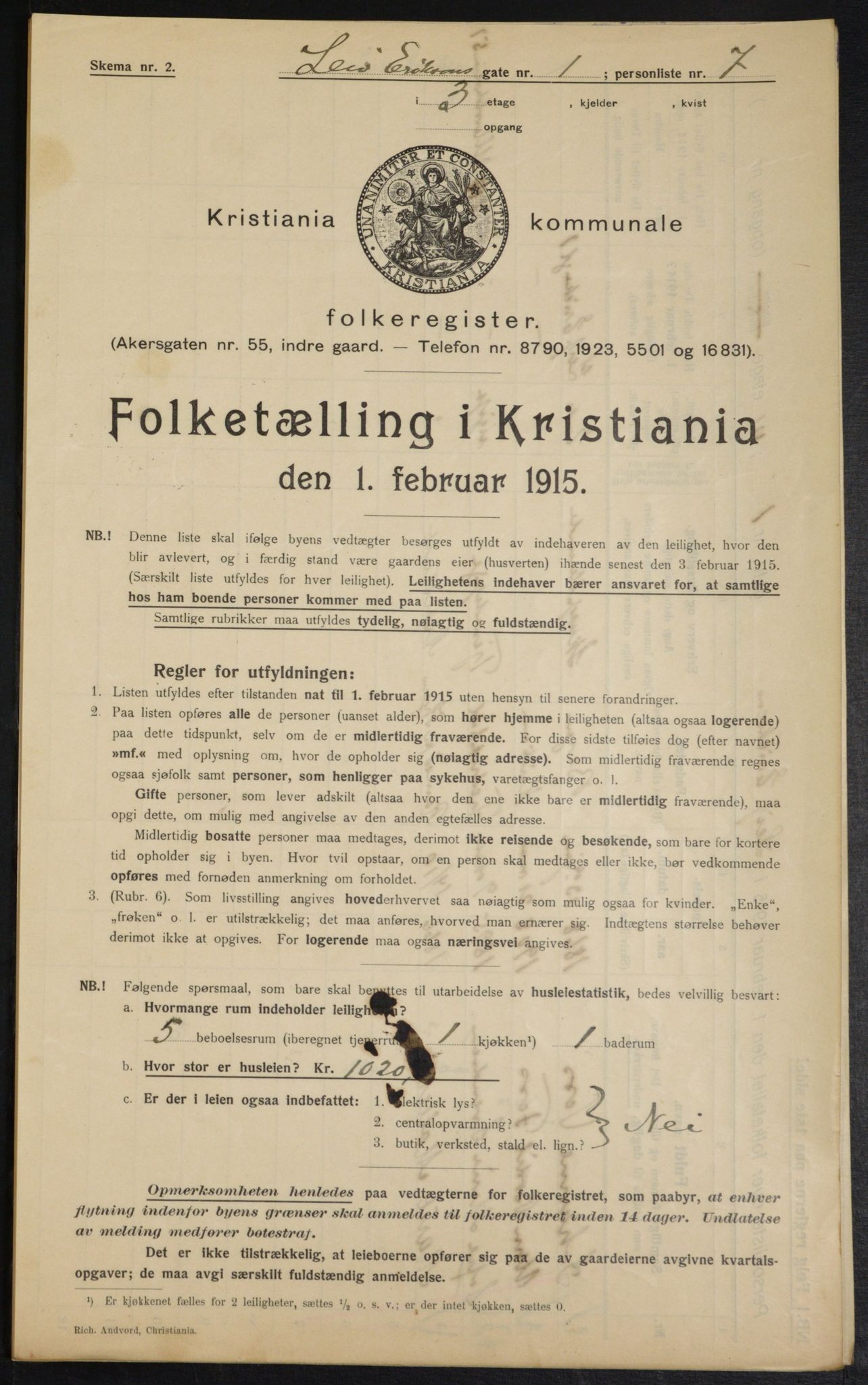 OBA, Kommunal folketelling 1.2.1915 for Kristiania, 1915, s. 56916