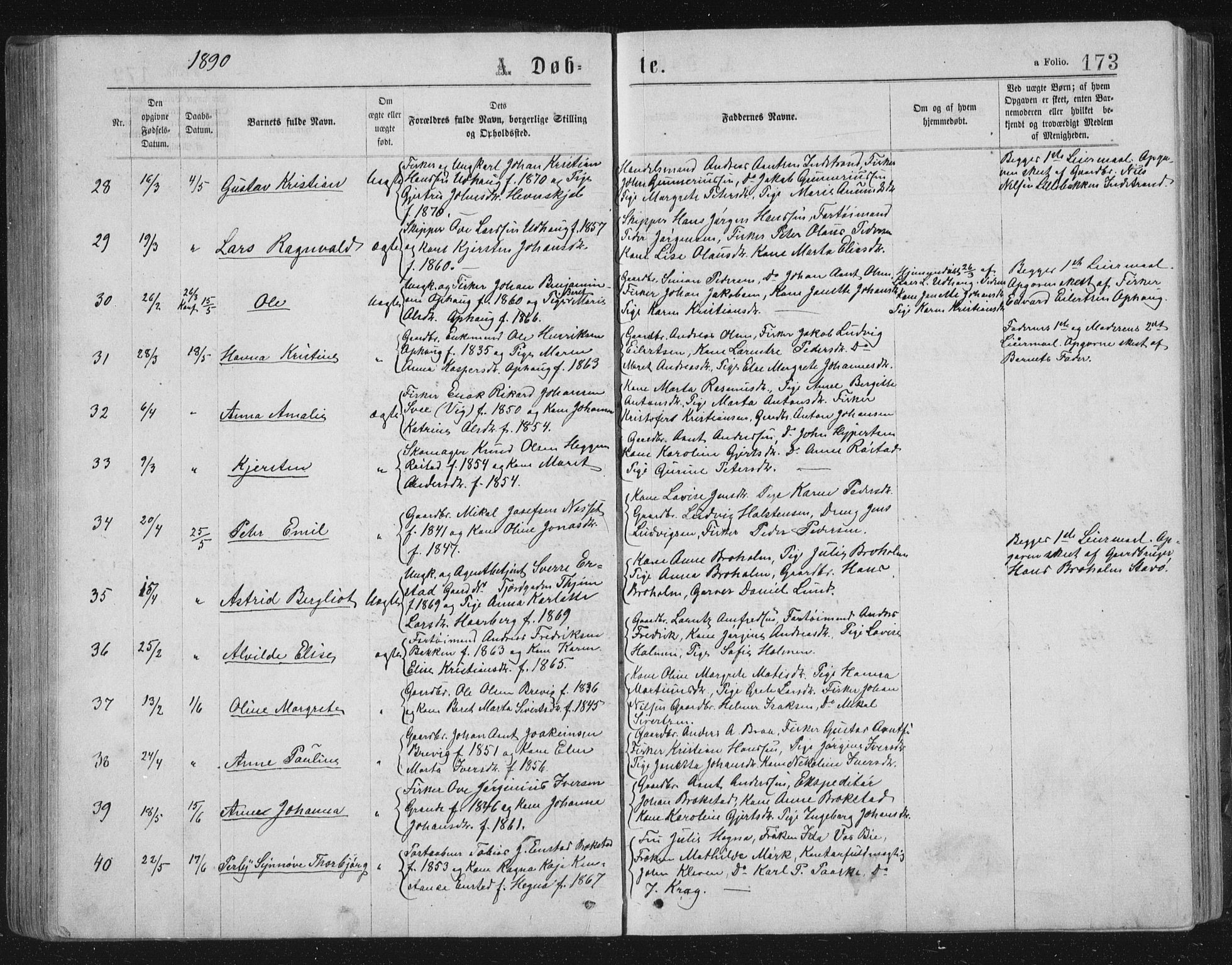 Ministerialprotokoller, klokkerbøker og fødselsregistre - Sør-Trøndelag, AV/SAT-A-1456/659/L0745: Klokkerbok nr. 659C02, 1869-1892, s. 173