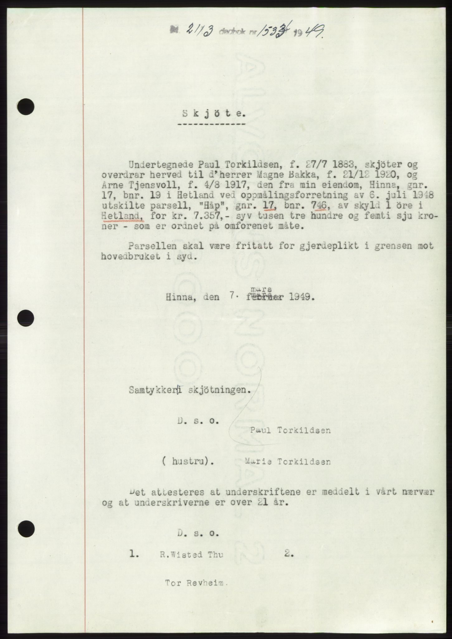 Jæren sorenskriveri, SAST/A-100310/03/G/Gba/L0102: Pantebok, 1949-1949, Dagboknr: 1533/1949