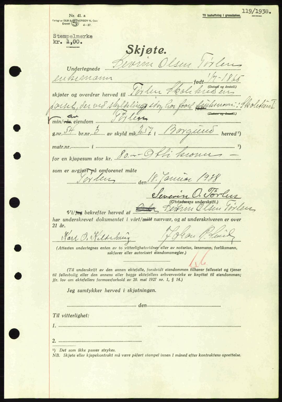 Nordre Sunnmøre sorenskriveri, AV/SAT-A-0006/1/2/2C/2Ca: Pantebok nr. A4, 1937-1938, Dagboknr: 119/1938