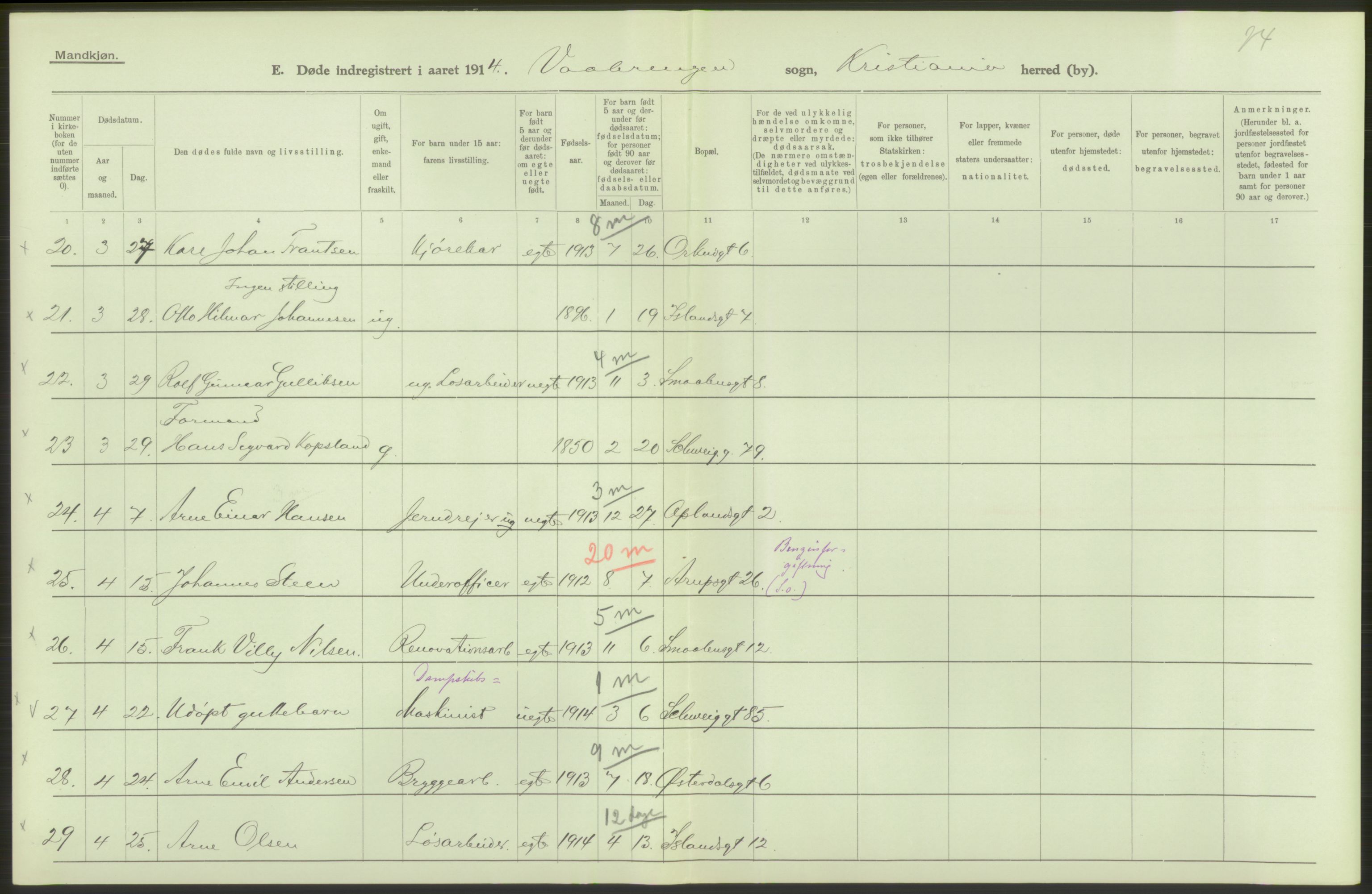 Statistisk sentralbyrå, Sosiodemografiske emner, Befolkning, AV/RA-S-2228/D/Df/Dfb/Dfbd/L0008: Kristiania: Døde, 1914, s. 180