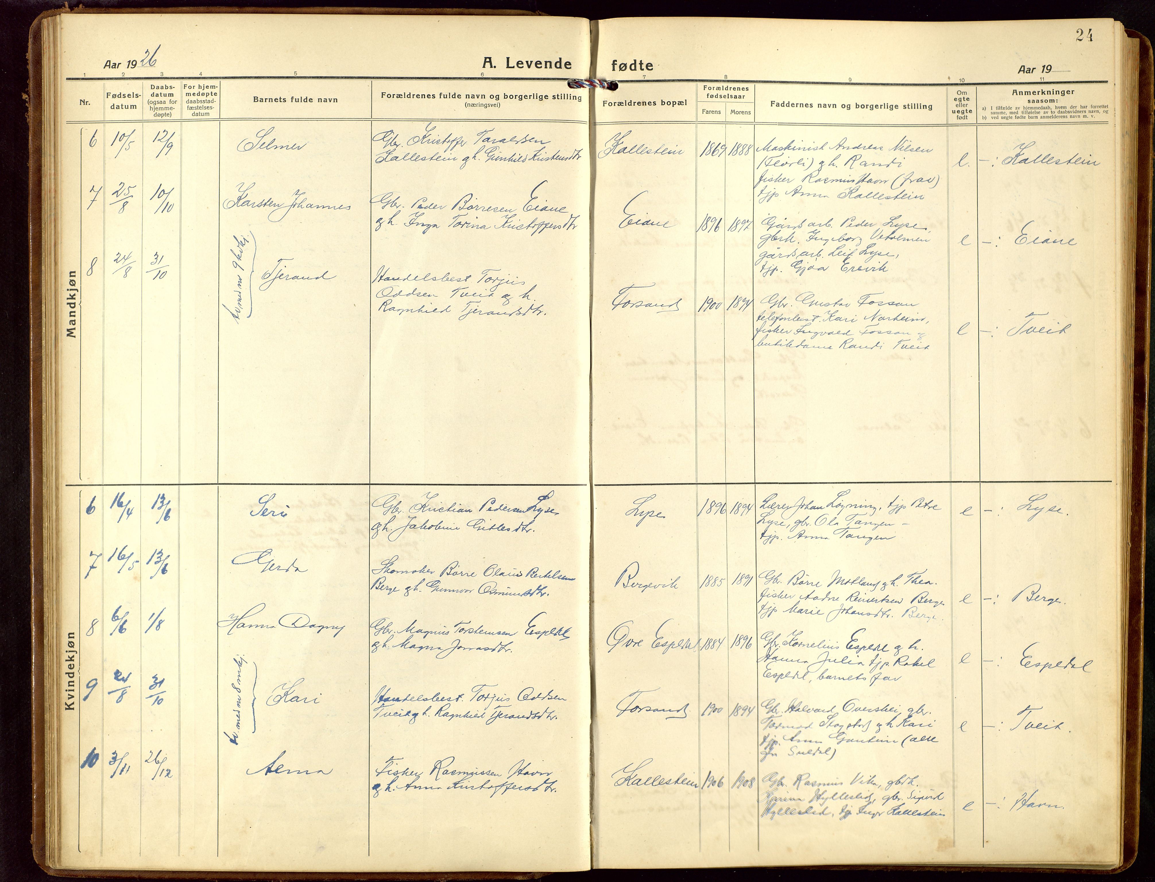 Høgsfjord sokneprestkontor, SAST/A-101624/H/Ha/Hab/L0005: Klokkerbok nr. B 5, 1920-1957, s. 24