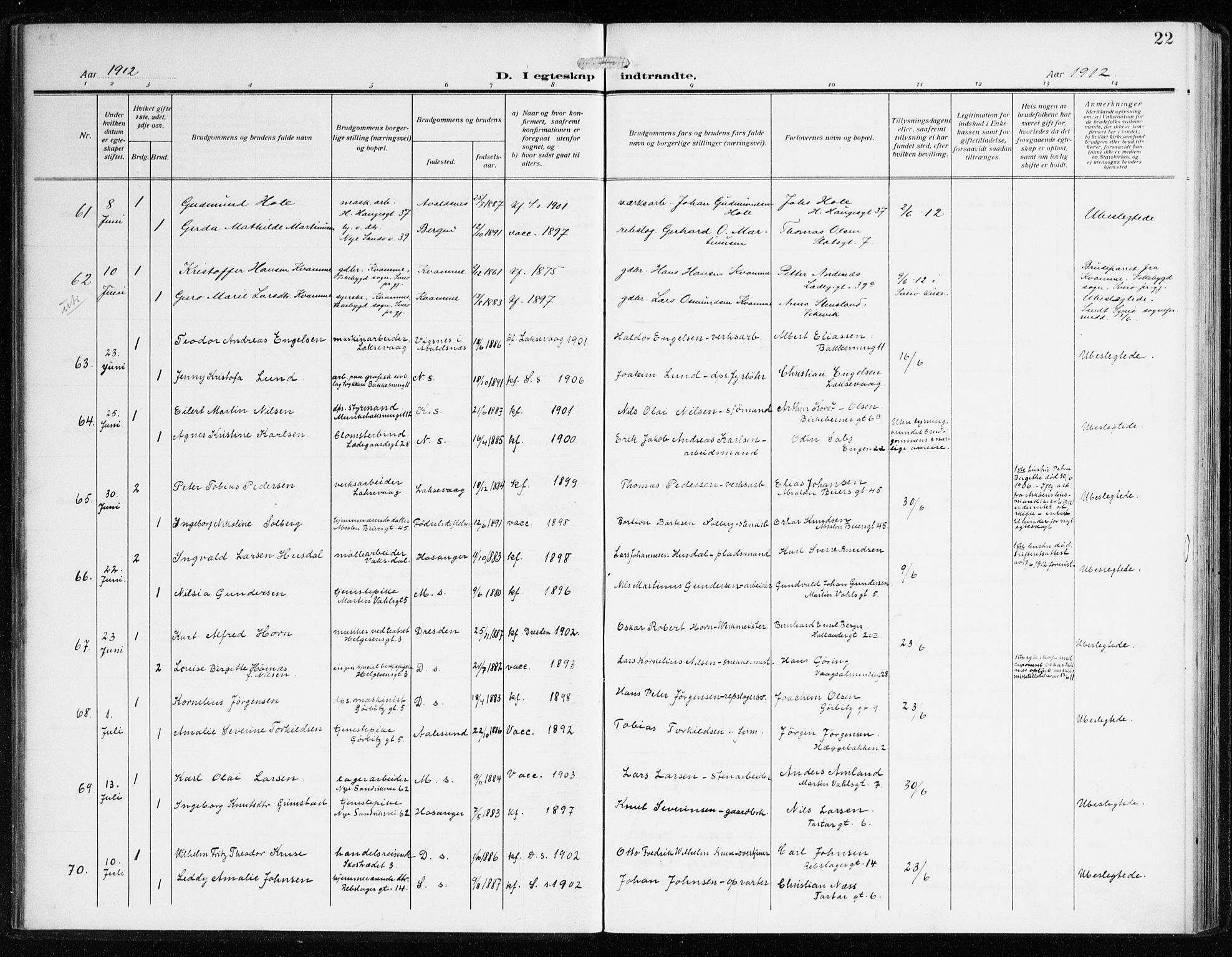 Sandviken Sokneprestembete, AV/SAB-A-77601/H/Ha/L0015: Ministerialbok nr. D 2, 1911-1923, s. 22