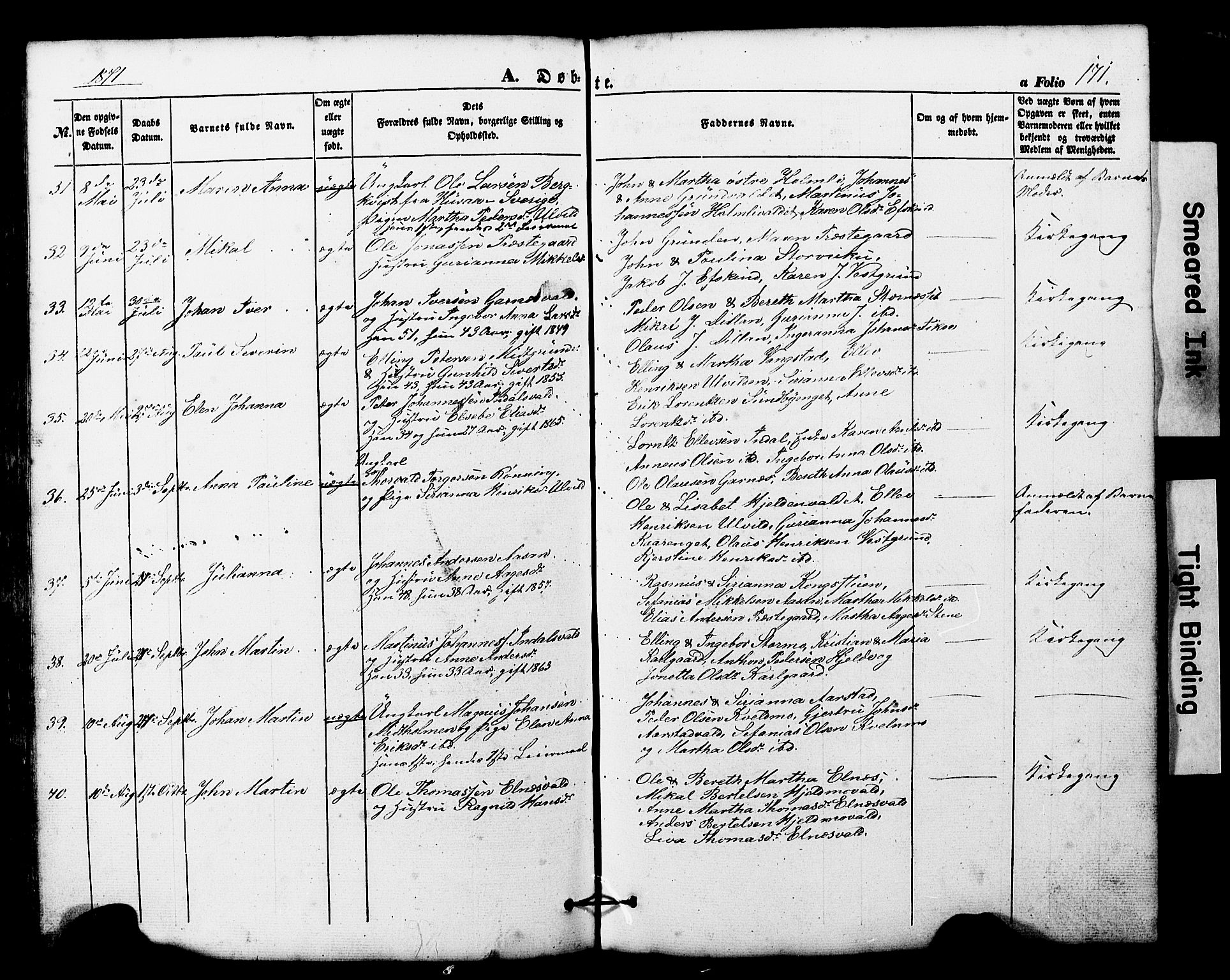 Ministerialprotokoller, klokkerbøker og fødselsregistre - Nord-Trøndelag, SAT/A-1458/724/L0268: Klokkerbok nr. 724C04, 1846-1878, s. 171