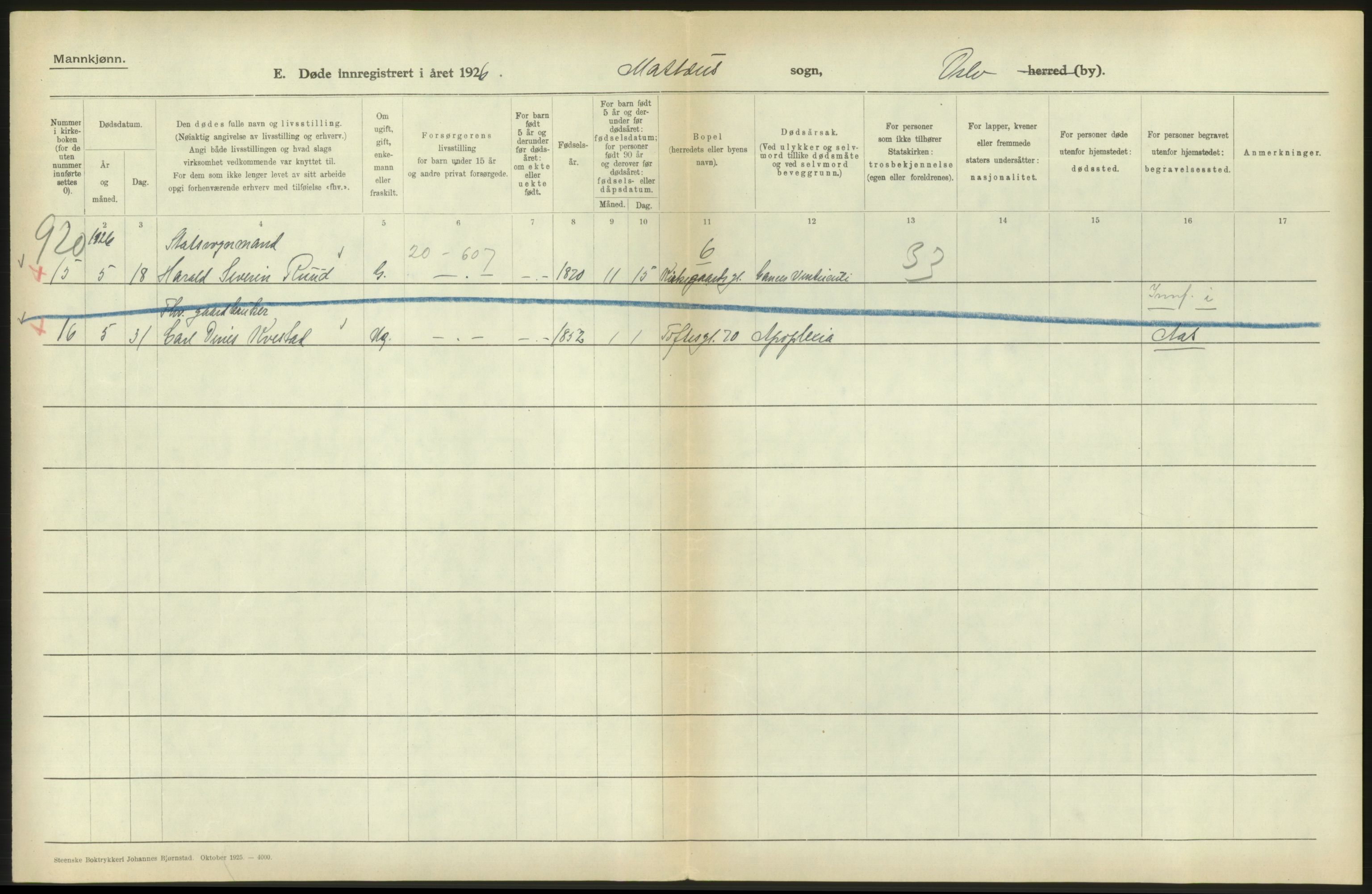 Statistisk sentralbyrå, Sosiodemografiske emner, Befolkning, AV/RA-S-2228/D/Df/Dfc/Dfcf/L0009: Oslo: Døde menn, 1926, s. 536