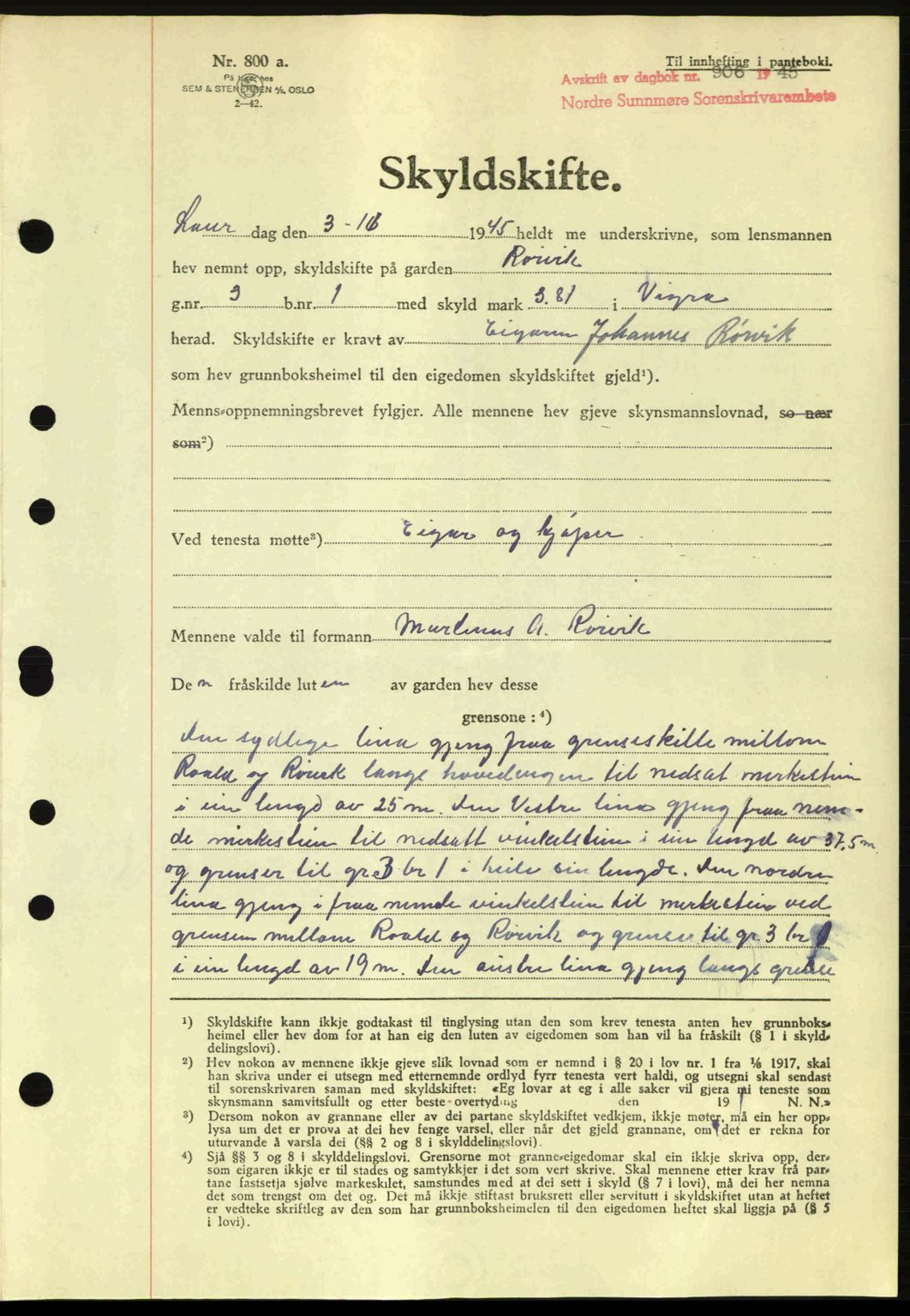 Nordre Sunnmøre sorenskriveri, AV/SAT-A-0006/1/2/2C/2Ca: Pantebok nr. A20a, 1945-1945, Dagboknr: 906/1945