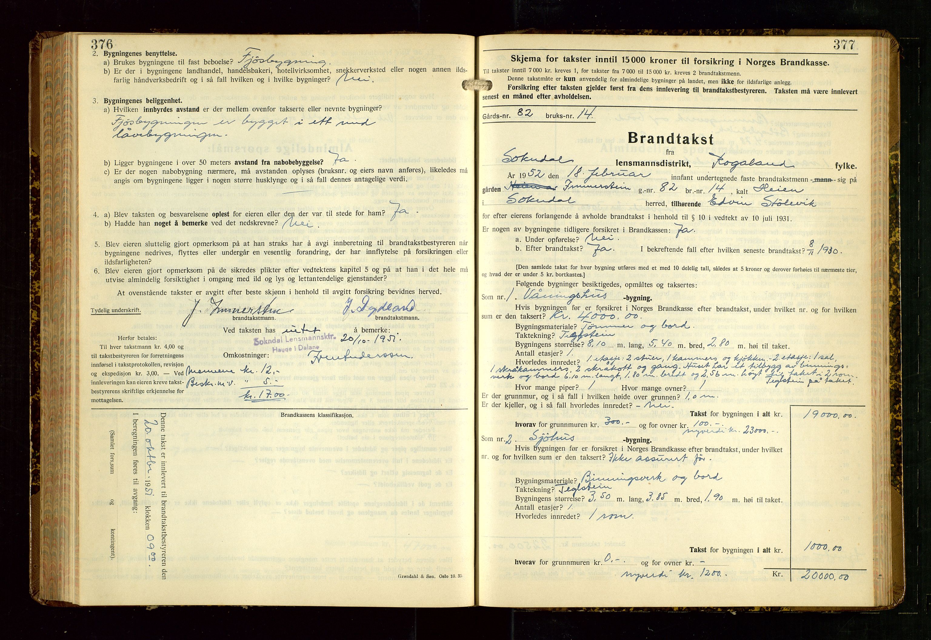 Sokndal lensmannskontor, AV/SAST-A-100417/Gob/L0008: "Brandtakst-Protokoll", 1937-1955, s. 376-377