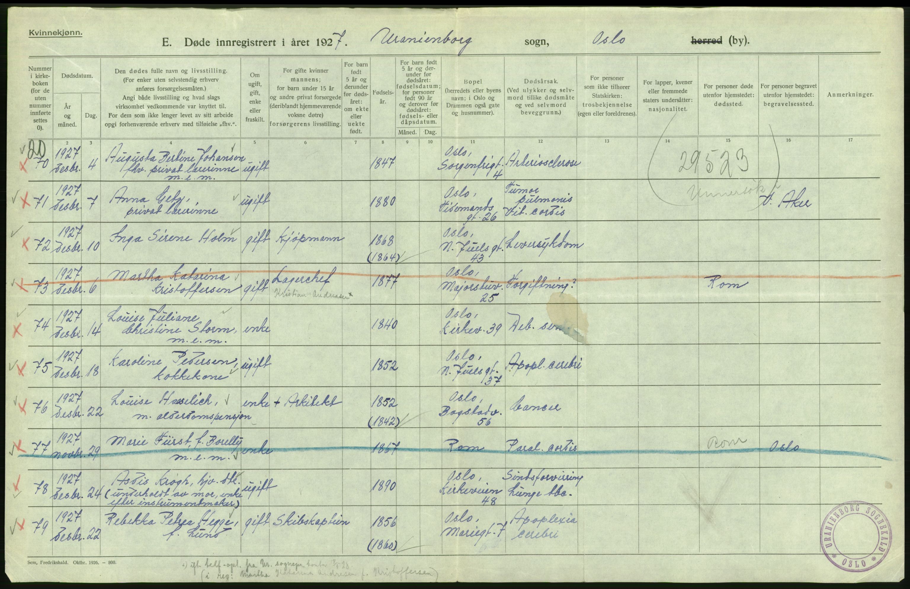 Statistisk sentralbyrå, Sosiodemografiske emner, Befolkning, AV/RA-S-2228/D/Df/Dfc/Dfcg/L0010: Oslo: Døde kvinner, dødfødte, 1927, s. 294