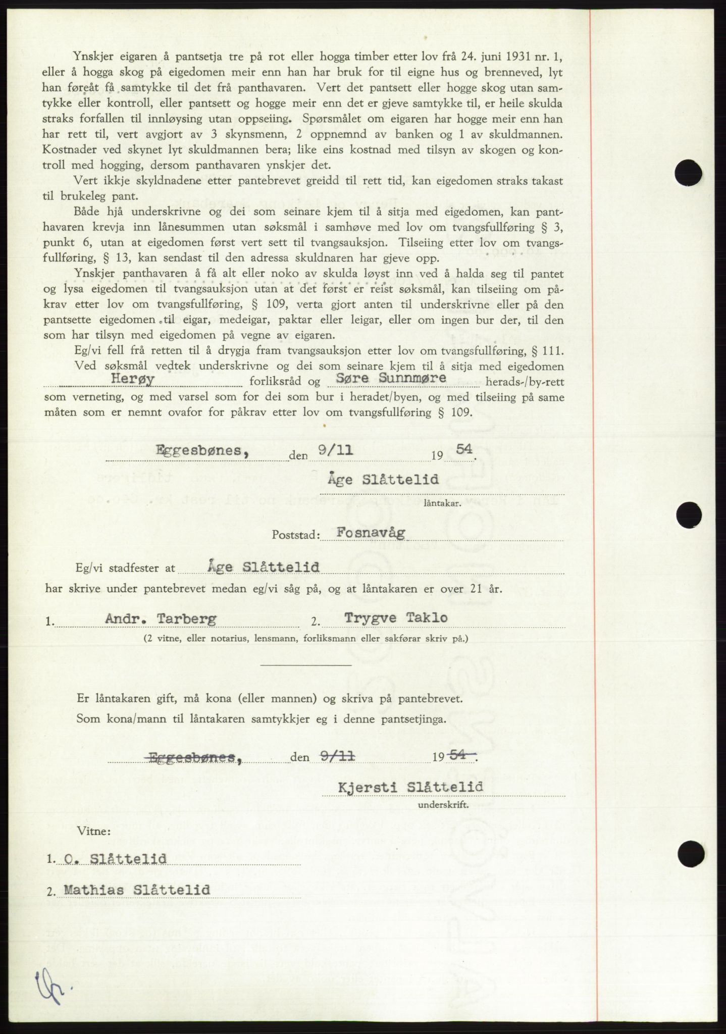 Søre Sunnmøre sorenskriveri, AV/SAT-A-4122/1/2/2C/L0126: Pantebok nr. 14B, 1954-1955, Dagboknr: 3354/1954