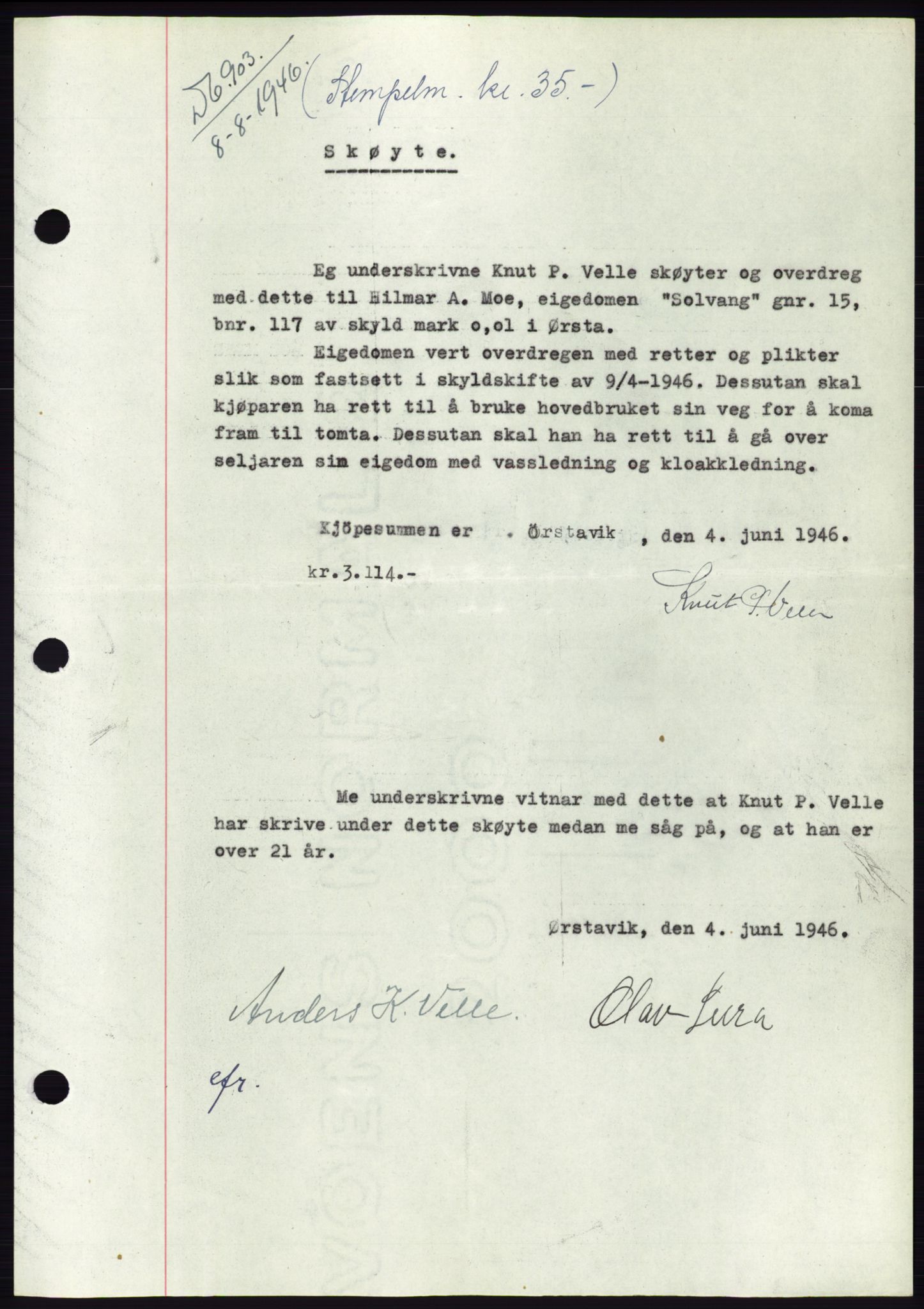 Søre Sunnmøre sorenskriveri, SAT/A-4122/1/2/2C/L0078: Pantebok nr. 4A, 1946-1946, Dagboknr: 903/1946