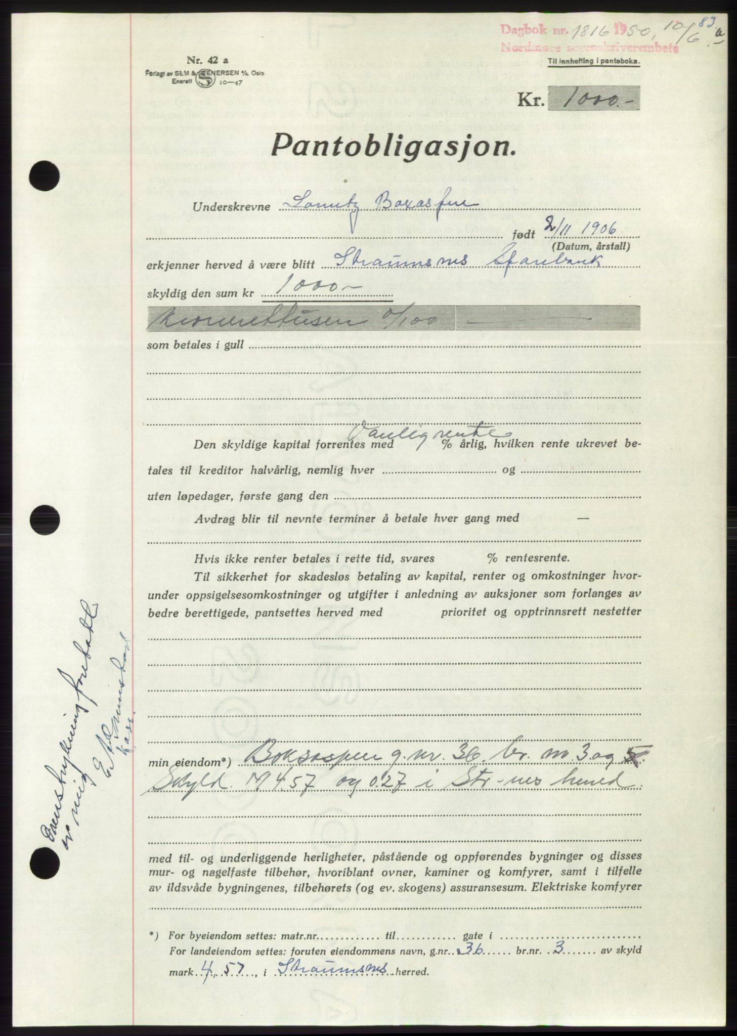 Nordmøre sorenskriveri, AV/SAT-A-4132/1/2/2Ca: Pantebok nr. B105, 1950-1950, Dagboknr: 1816/1950