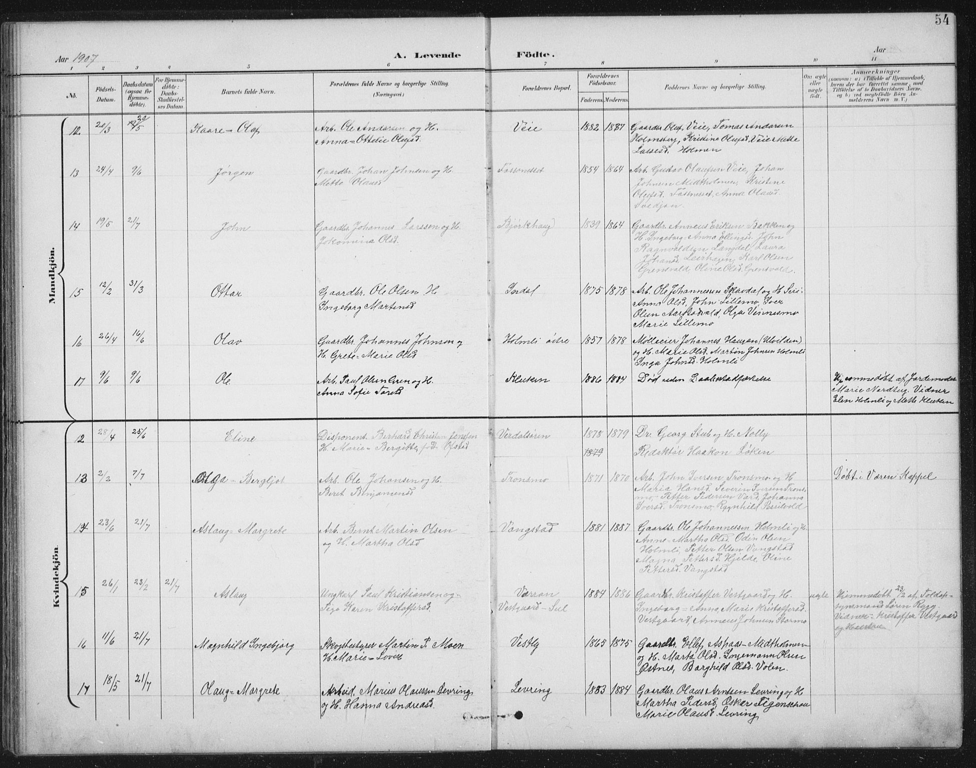 Ministerialprotokoller, klokkerbøker og fødselsregistre - Nord-Trøndelag, SAT/A-1458/724/L0269: Klokkerbok nr. 724C05, 1899-1920, s. 54