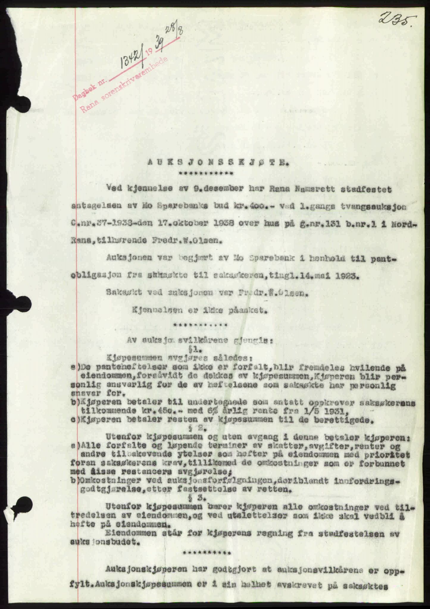 Rana sorenskriveri , SAT/A-1108/1/2/2C: Pantebok nr. A 6, 1939-1940, Dagboknr: 1342/1939