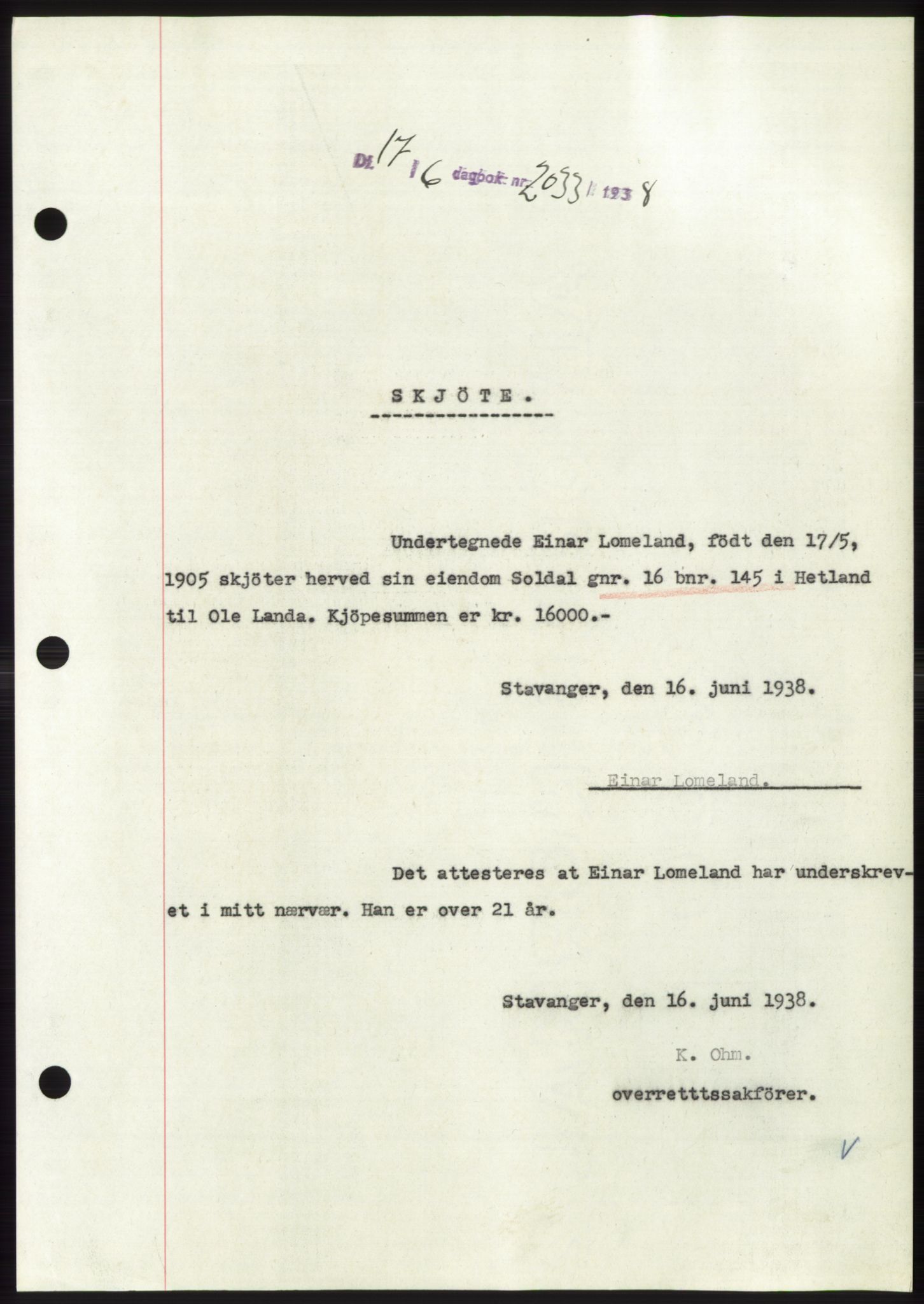 Jæren sorenskriveri, SAST/A-100310/03/G/Gba/L0071: Pantebok, 1938-1938, Dagboknr: 2033/1938