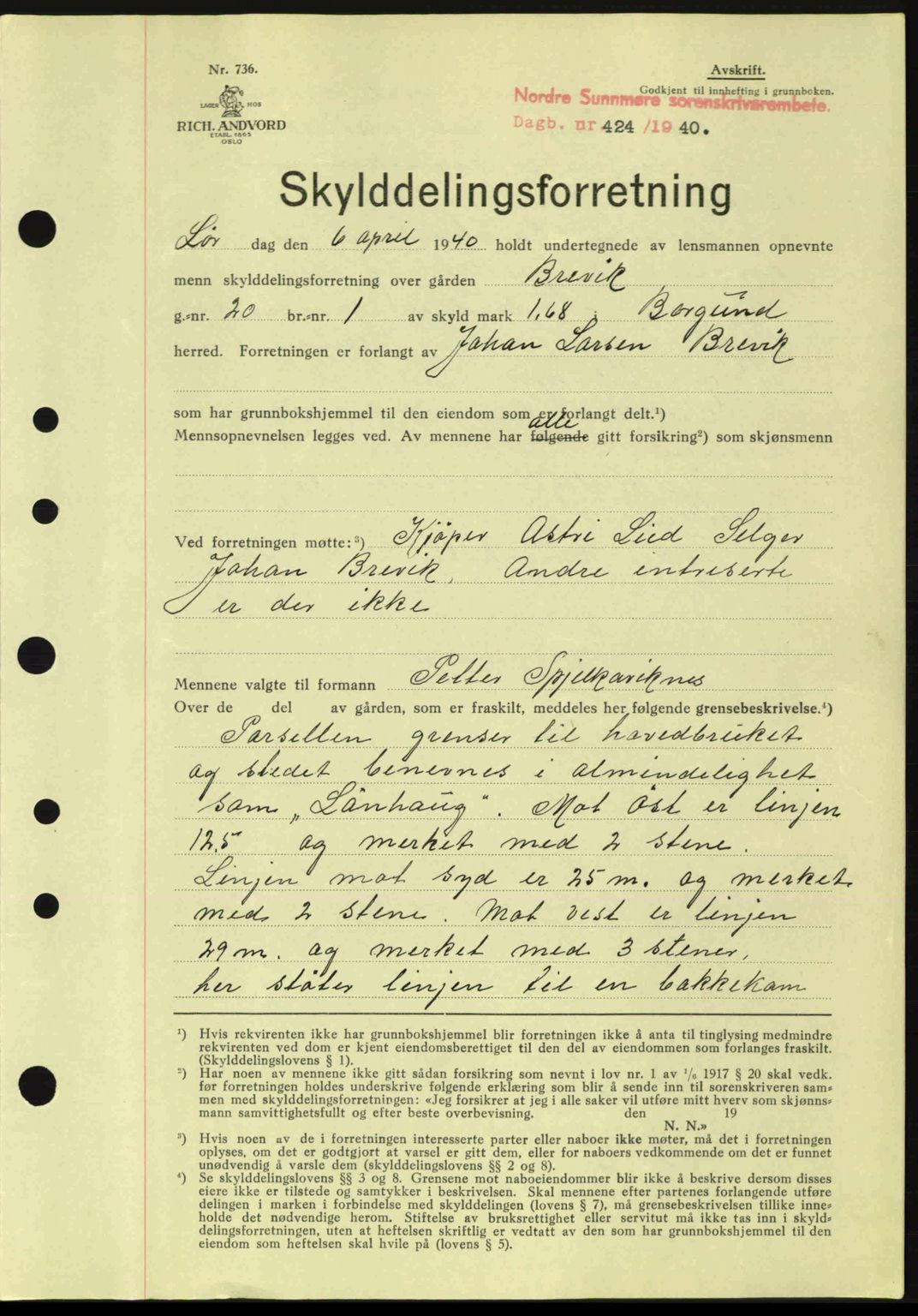 Nordre Sunnmøre sorenskriveri, AV/SAT-A-0006/1/2/2C/2Ca: Pantebok nr. A8, 1939-1940, Dagboknr: 424/1940