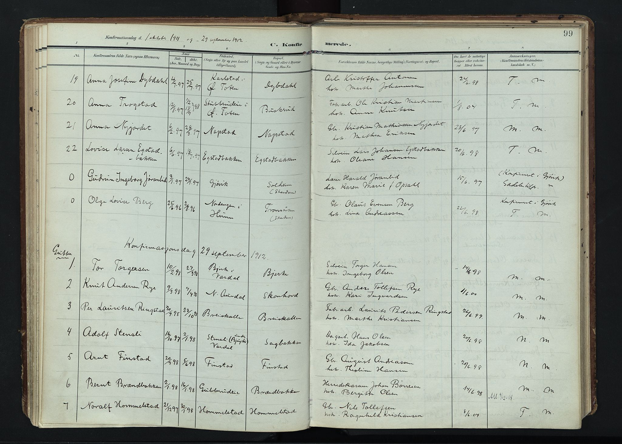 Vardal prestekontor, AV/SAH-PREST-100/H/Ha/Haa/L0020: Ministerialbok nr. 20, 1907-1921, s. 99