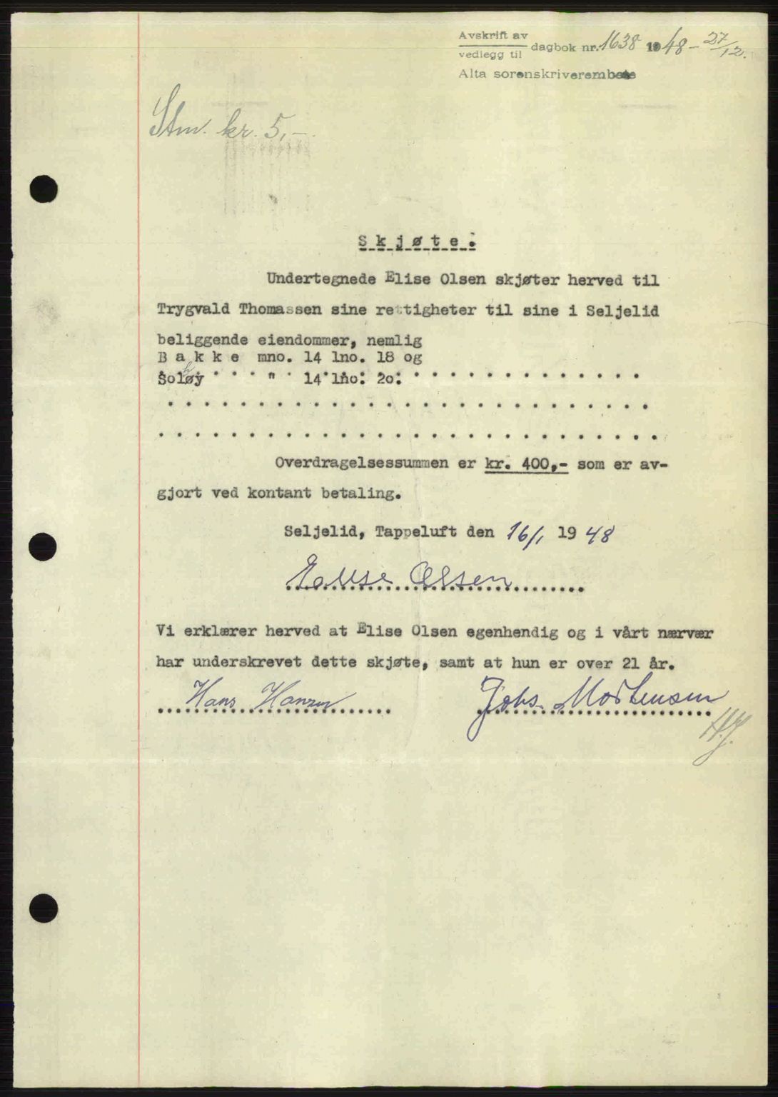Alta fogderi/sorenskriveri, SATØ/SATØ-5/1/K/Kd/L0037pantebok: Pantebok nr. 39-40, 1948-1949, Dagboknr: 1638/1948