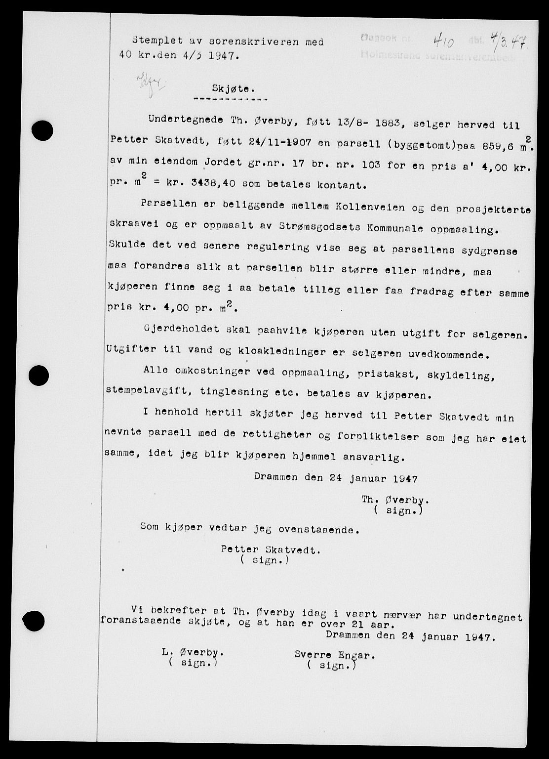 Holmestrand sorenskriveri, SAKO/A-67/G/Ga/Gaa/L0061: Pantebok nr. A-61, 1946-1947, Dagboknr: 410/1947