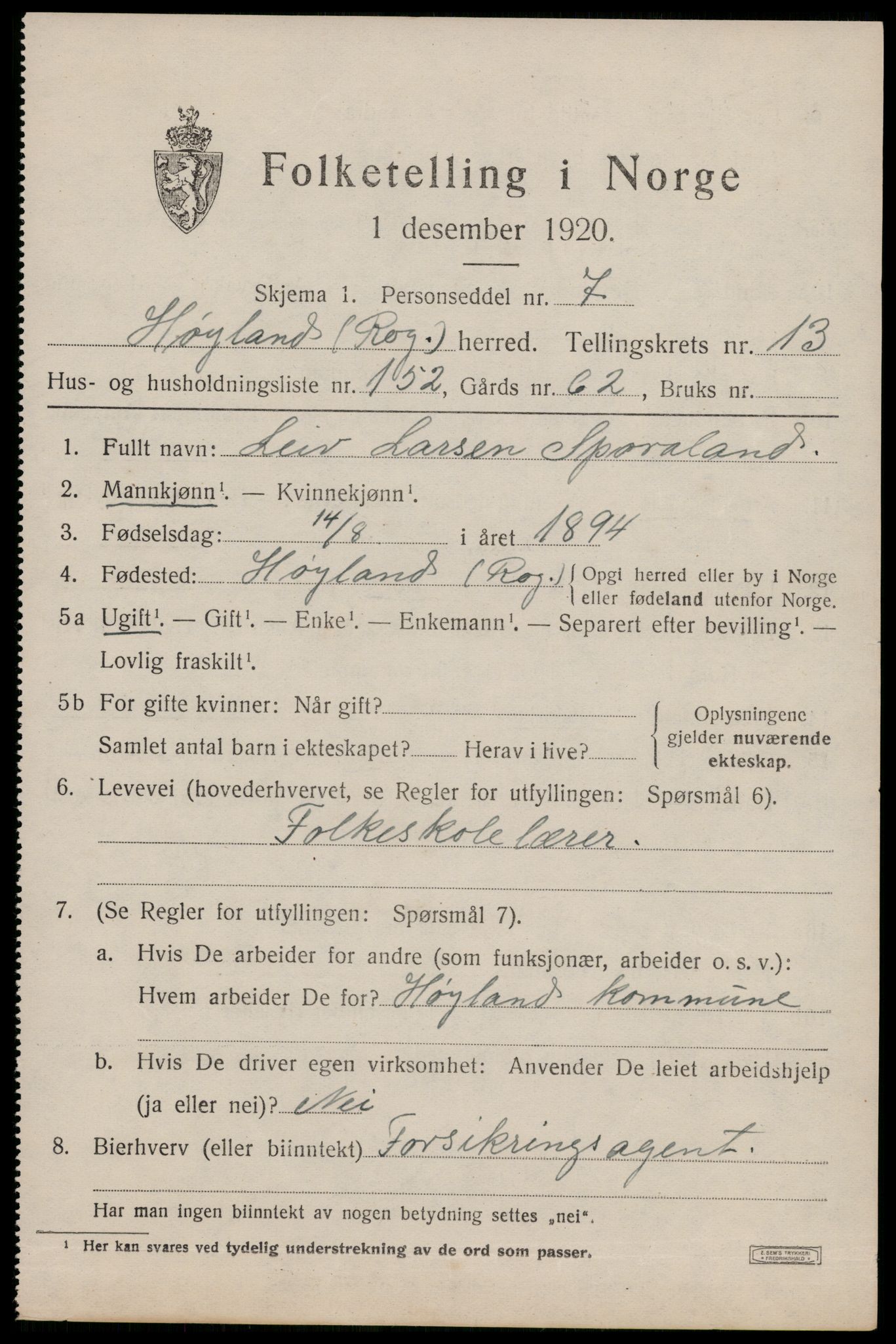 SAST, Folketelling 1920 for 1123 Høyland herred, 1920, s. 12974