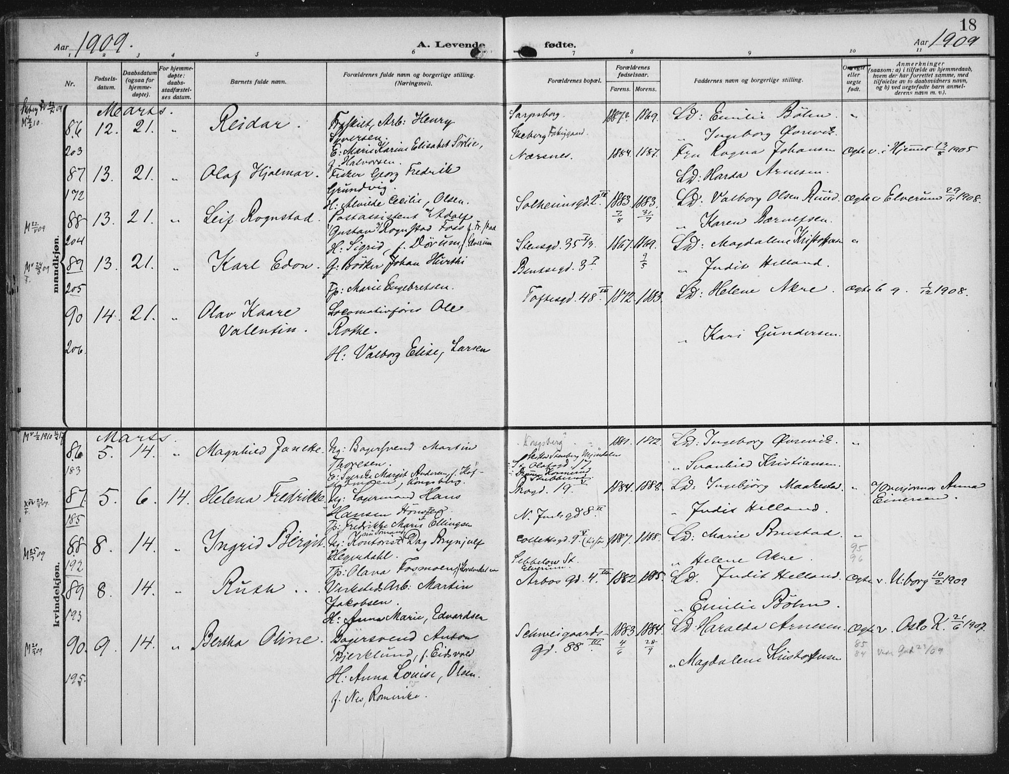 Rikshospitalet prestekontor Kirkebøker, AV/SAO-A-10309b/F/L0014: Ministerialbok nr. 14, 1909-1912, s. 18
