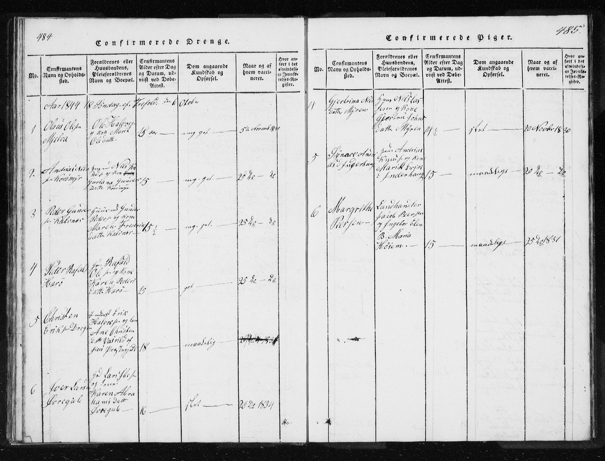 Ministerialprotokoller, klokkerbøker og fødselsregistre - Møre og Romsdal, AV/SAT-A-1454/566/L0772: Klokkerbok nr. 566C01, 1818-1845, s. 484-485