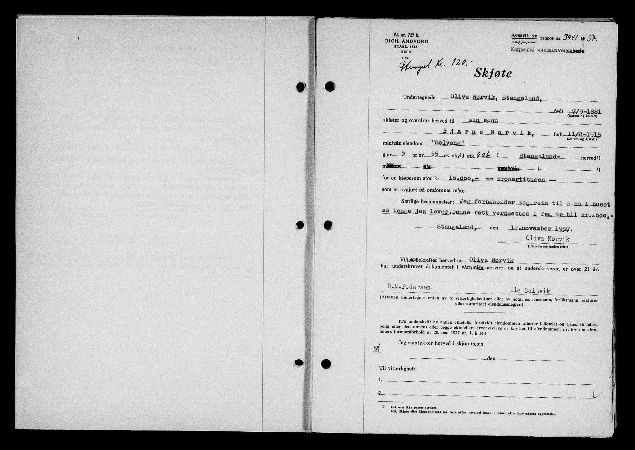 Karmsund sorenskriveri, SAST/A-100311/01/II/IIB/L0127: Pantebok nr. 107A, 1957-1958, Dagboknr: 3941/1957