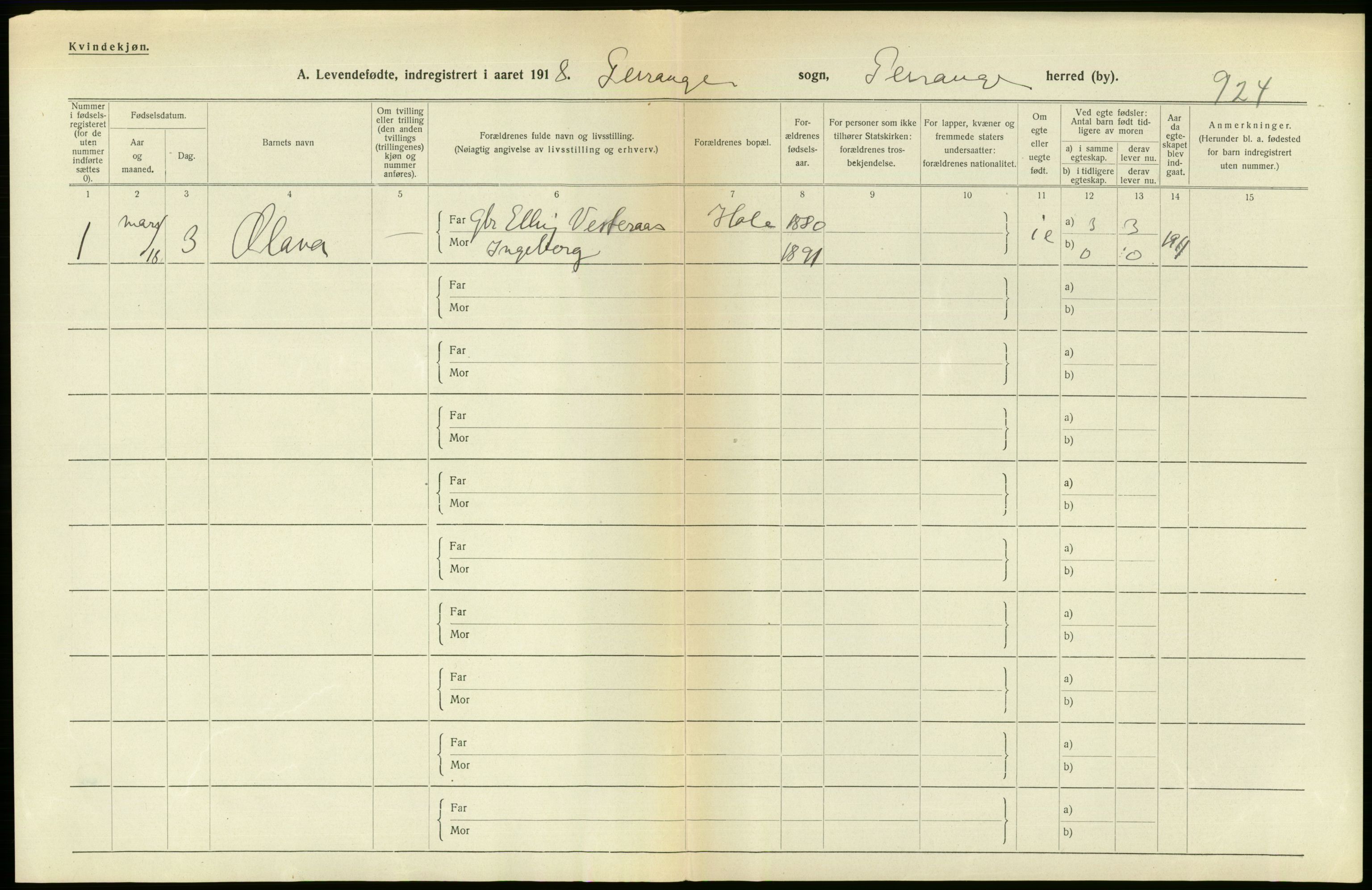 Statistisk sentralbyrå, Sosiodemografiske emner, Befolkning, RA/S-2228/D/Df/Dfb/Dfbh/L0043: Møre fylke: Levendefødte menn og kvinner. Bygder., 1918, s. 388