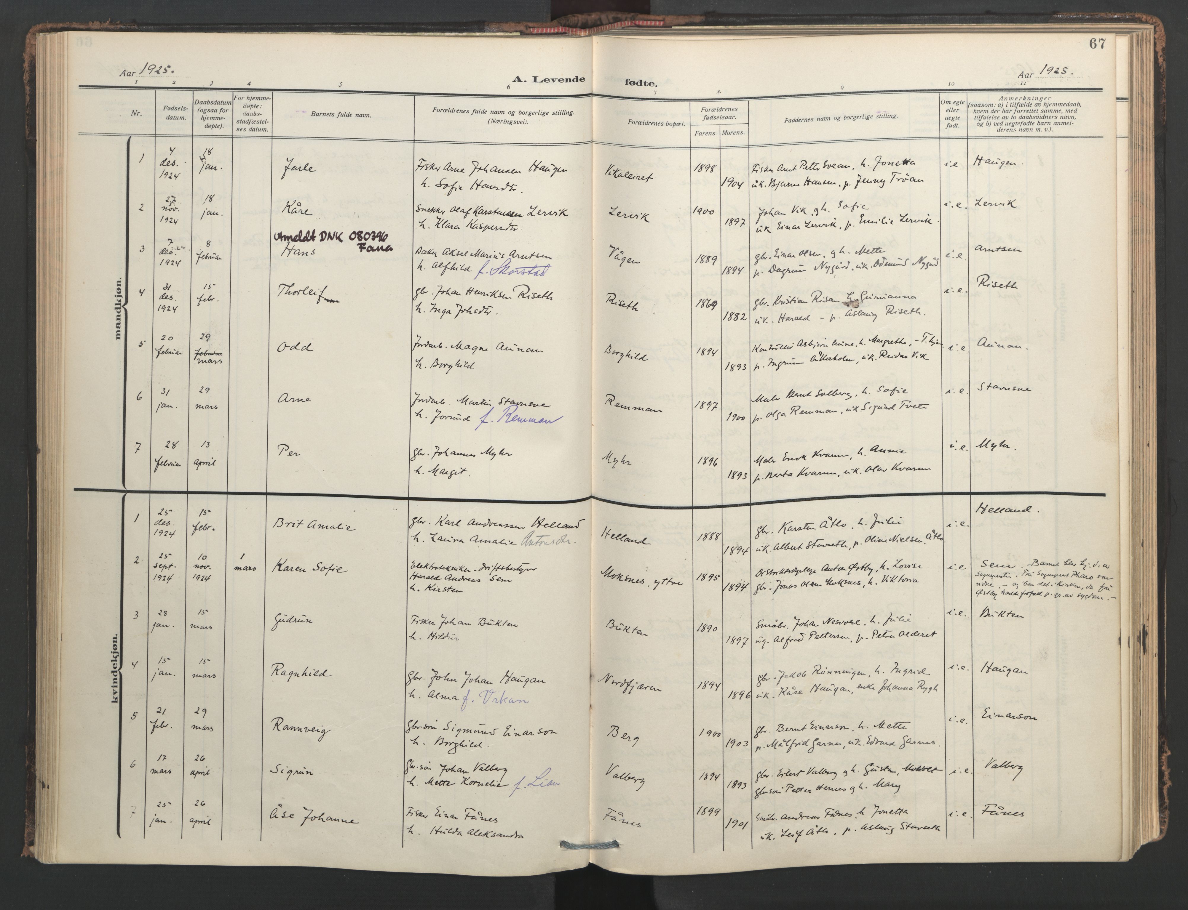 Ministerialprotokoller, klokkerbøker og fødselsregistre - Nord-Trøndelag, AV/SAT-A-1458/713/L0123: Ministerialbok nr. 713A12, 1911-1925, s. 67
