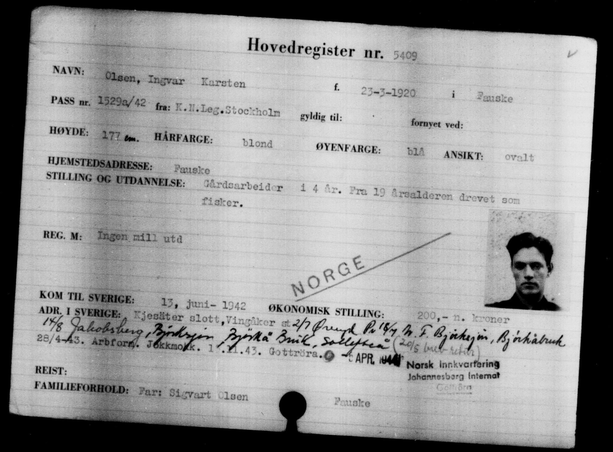 Den Kgl. Norske Legasjons Flyktningskontor, AV/RA-S-6753/V/Va/L0004: Kjesäterkartoteket.  Flyktningenr. 3496-6610, 1940-1945, s. 2208
