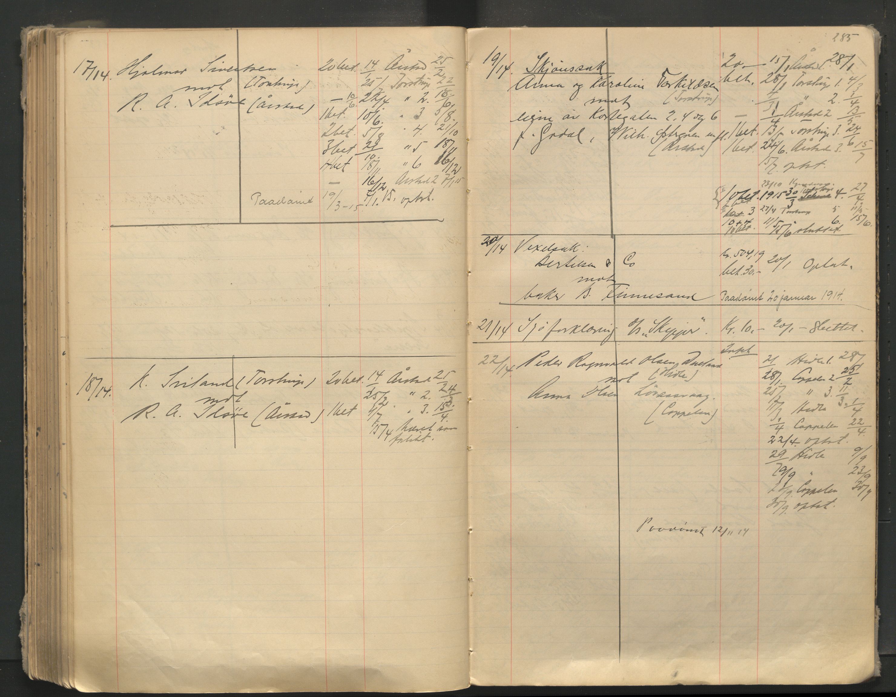 Stavanger byfogd, AV/SAST-A-101408/001/3/32/32A/L0005: Saksliste for Stavanger byting, 1910-1914, s. 284-285