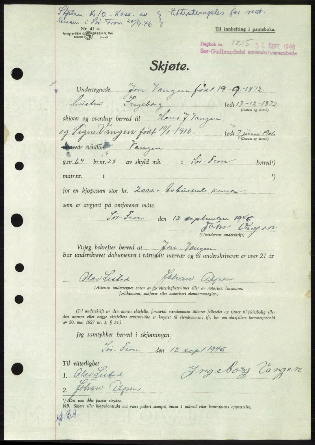 Sør-Gudbrandsdal tingrett, AV/SAH-TING-004/H/Hb/Hbd/L0016: Pantebok nr. A16, 1946-1946, Dagboknr: 1215/1946