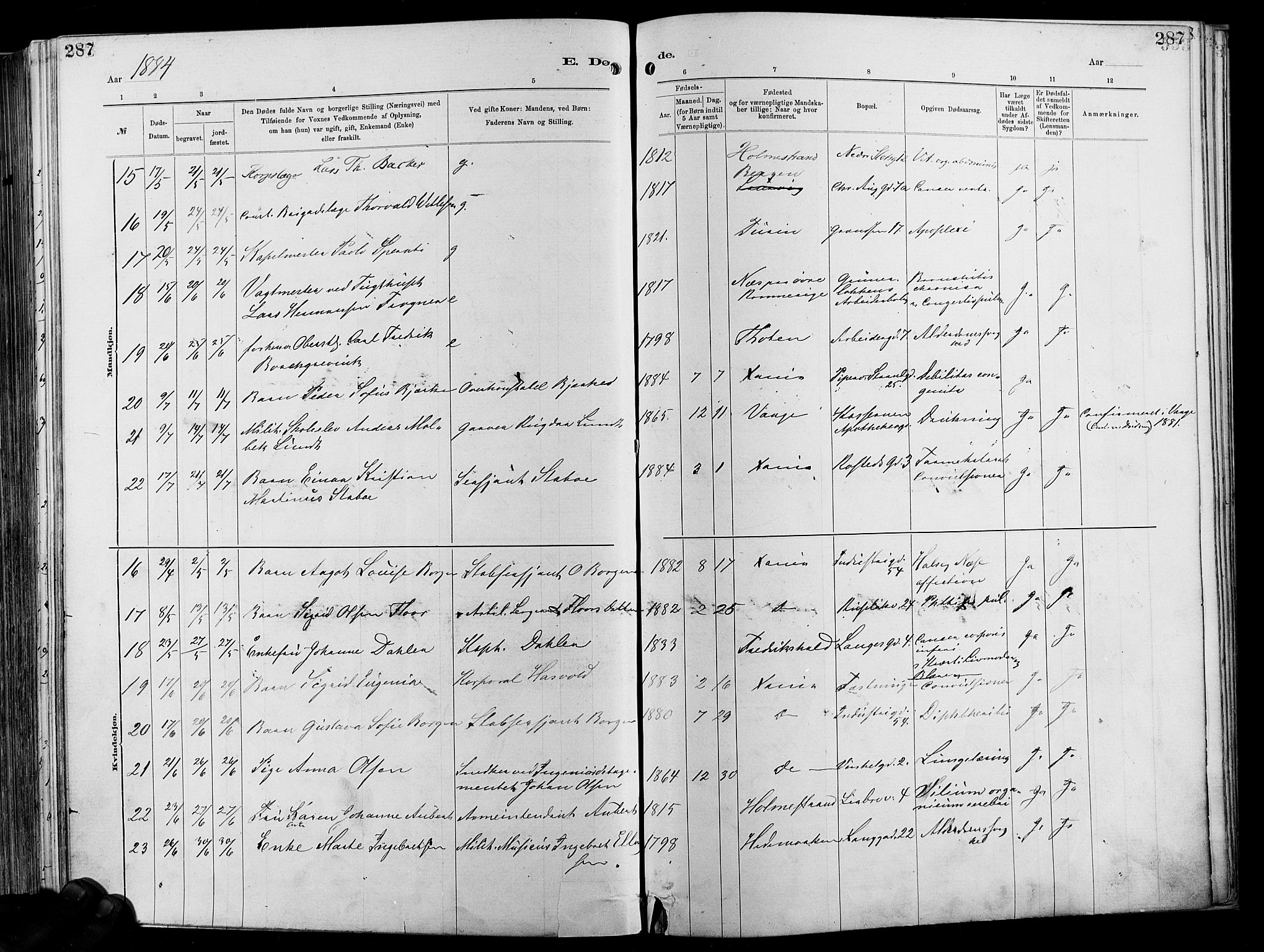 Garnisonsmenigheten Kirkebøker, SAO/A-10846/F/Fa/L0012: Ministerialbok nr. 12, 1880-1893, s. 287