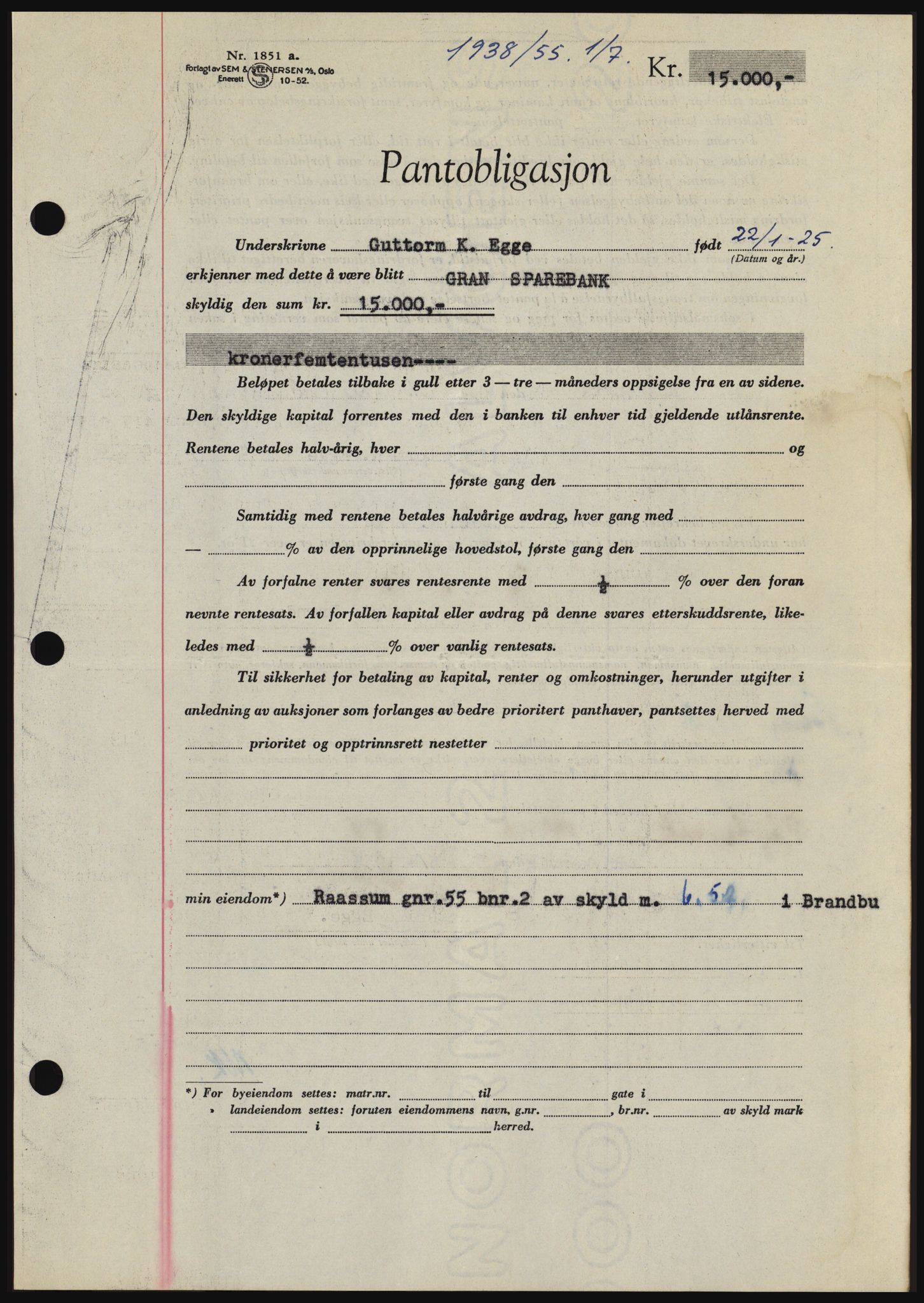 Hadeland og Land tingrett, SAH/TING-010/H/Hb/Hbc/L0032: Pantebok nr. B32, 1955-1955, Dagboknr: 1938/1955